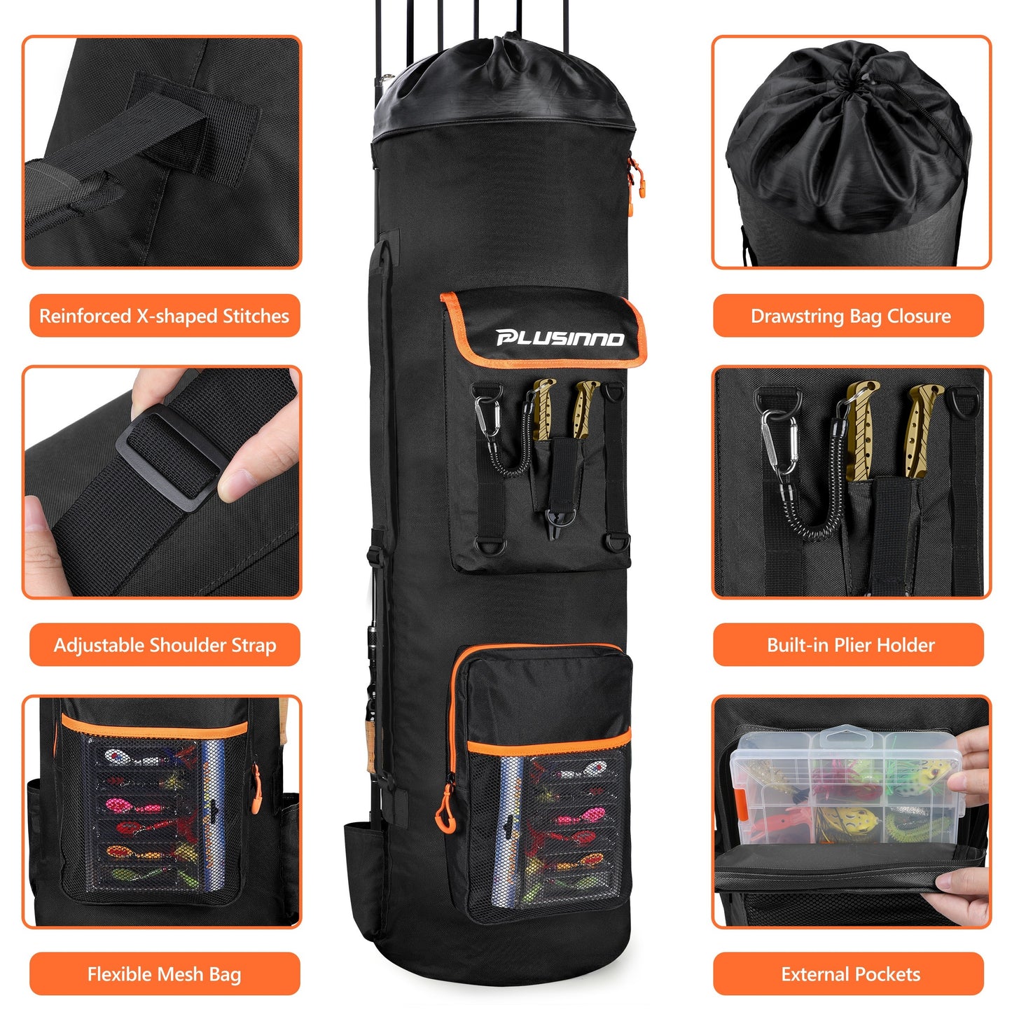 Large Storage Fishing Tackle Bag, Fishing Backpack with Rod Holders, Holds 6 Rods & Reels