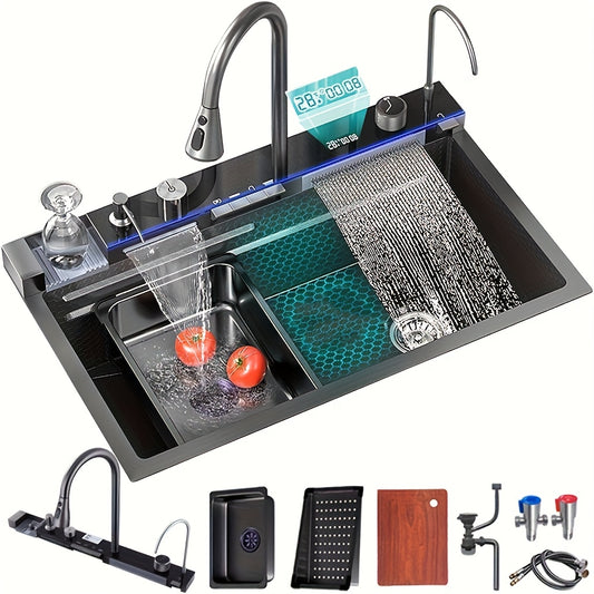 Extra Large Modern Black Stainless Steel Kitchen Sink with Digital Display, Dual Waterfall Design & Cup Holders