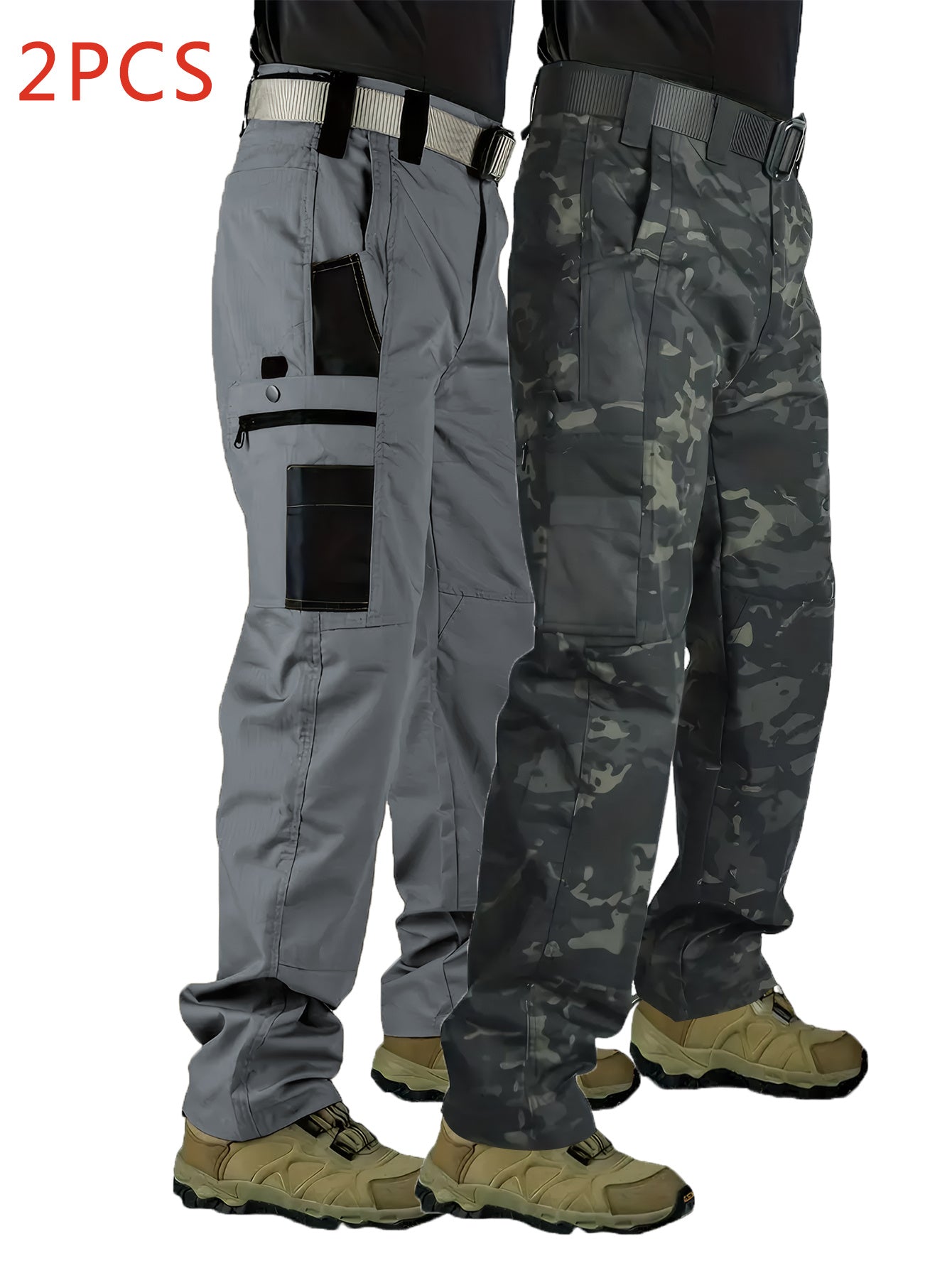 2pcs Men's Tactical Cargo Pants, 100% Polyester Solid Color Sports Style