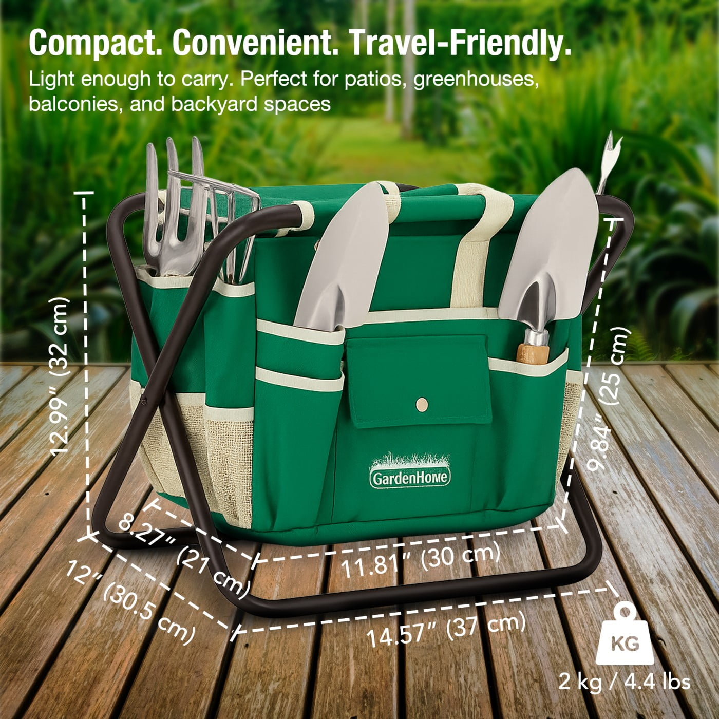 GardenHOME 7-piece gardening tool kit with foldable stool and carrying bag, includes trowel, pruning shears, and more for gardening ease.