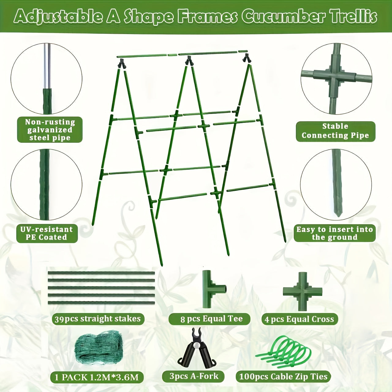 Adjustable A-Frame Cucumber Trellis for Raised Beds, 70x70 Inch