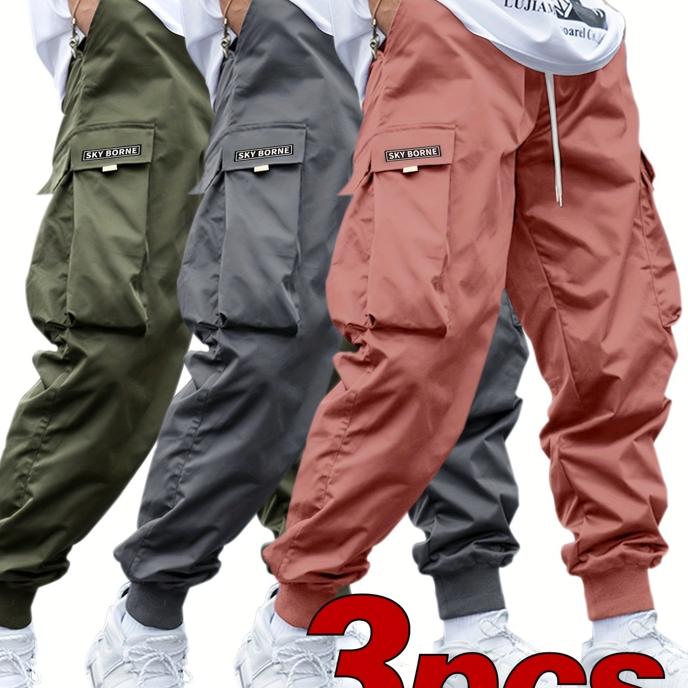 Men's Casual Letter Pattern Cargo Pants Set of 3, Mid-Rise Woven Fabric Trousers with Drawstring Waist, Belt Loops