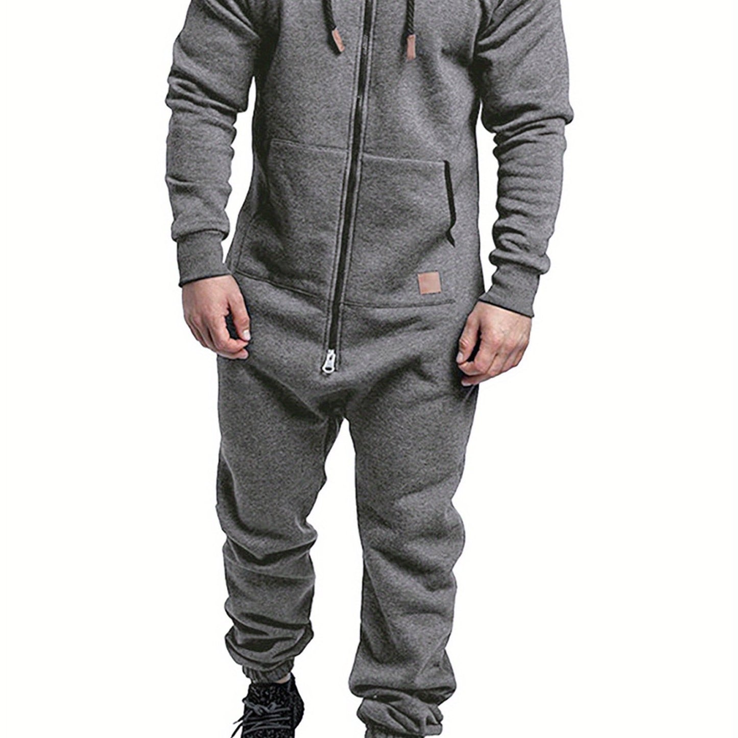 Men's Hooded Fleece Lining Jumpsuit, Long Sleeve Full Zipper Overalls with Kangaroo Pockets