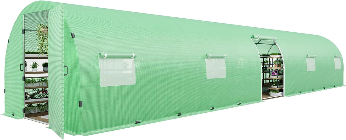 Large AMERLIFE outdoor tunnel greenhouse with galvanized steel frame, green PE cover, swing door, and film clips for gardening.
