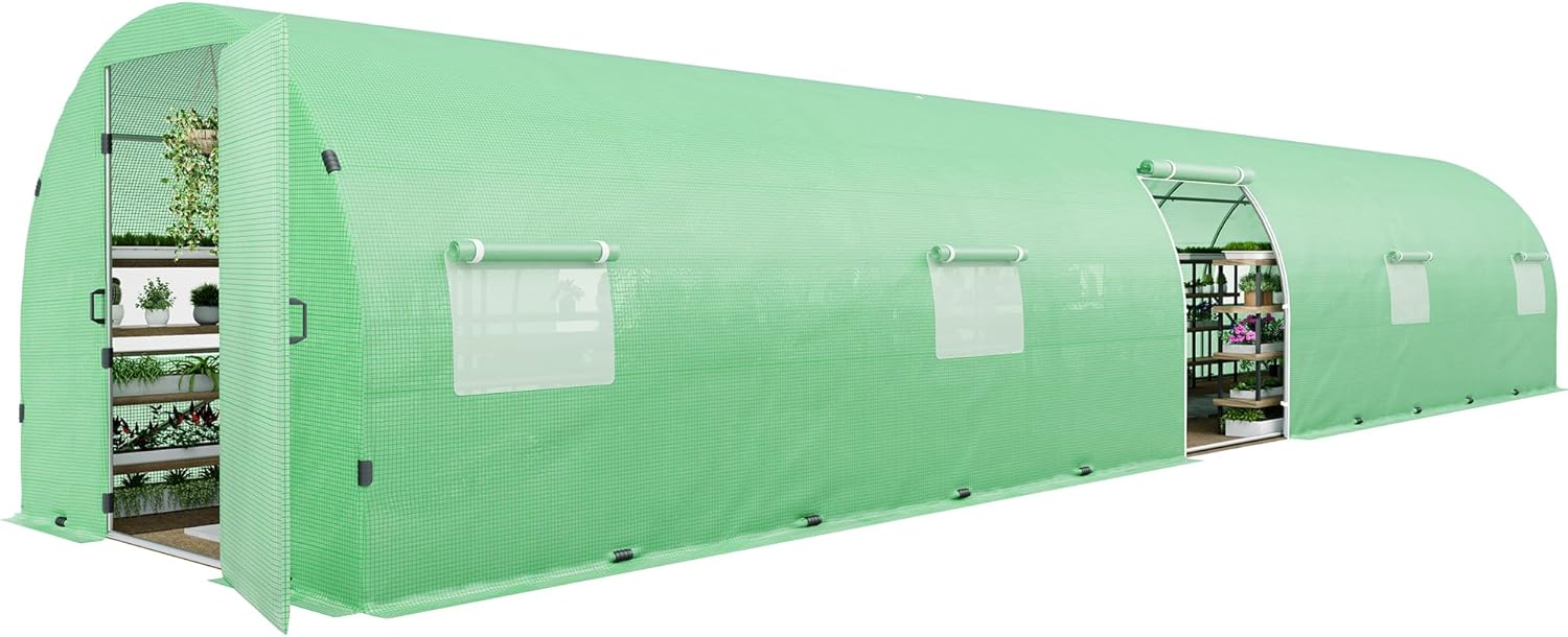 Large AMERLIFE outdoor tunnel greenhouse with galvanized steel frame, green PE cover, swing door, and film clips for gardening.