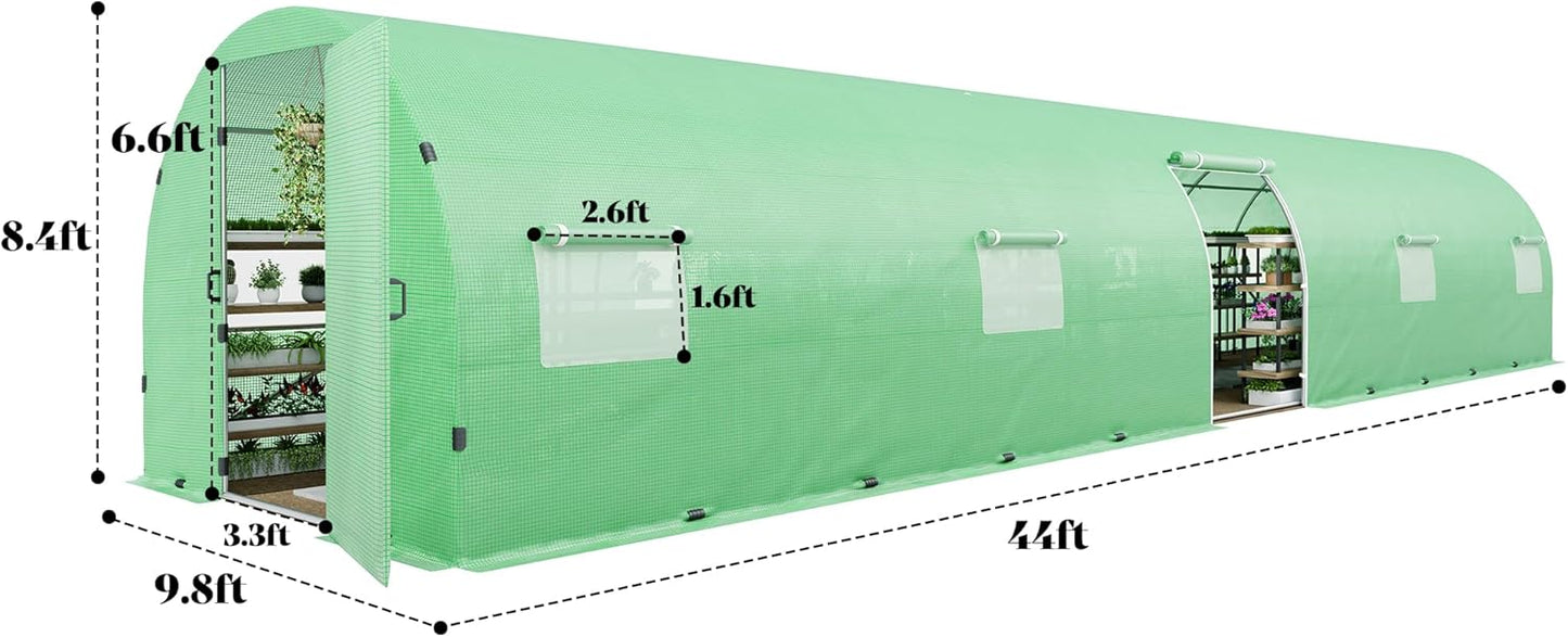 Large outdoor AMERLIFE green tunnel greenhouse with galvanized steel frame, premium PE cover, swing door, and film clips.