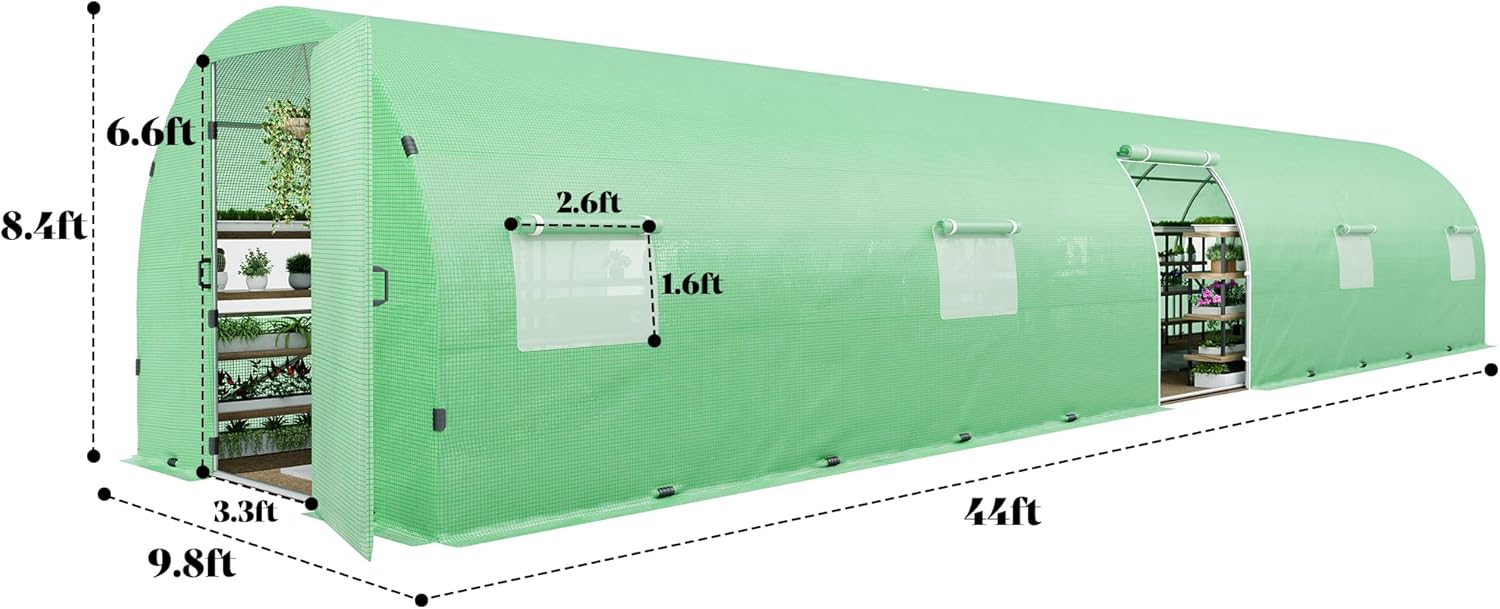 Large outdoor AMERLIFE green tunnel greenhouse with galvanized steel frame, premium PE cover, swing door, and film clips.