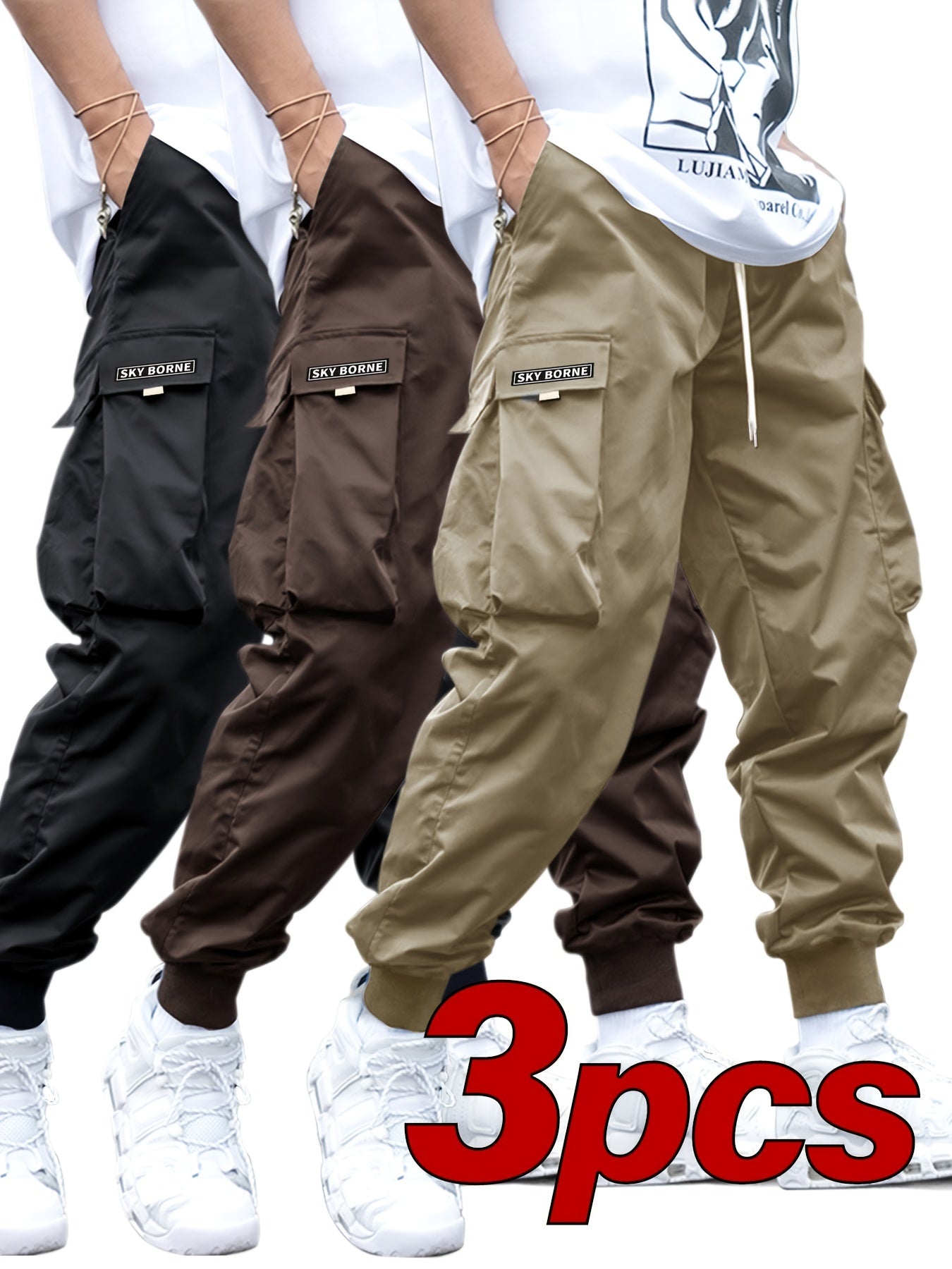 Men's Casual Letter Pattern Cargo Pants Set of 3, Mid-Rise Woven Fabric Trousers with Drawstring Waist, Belt Loops