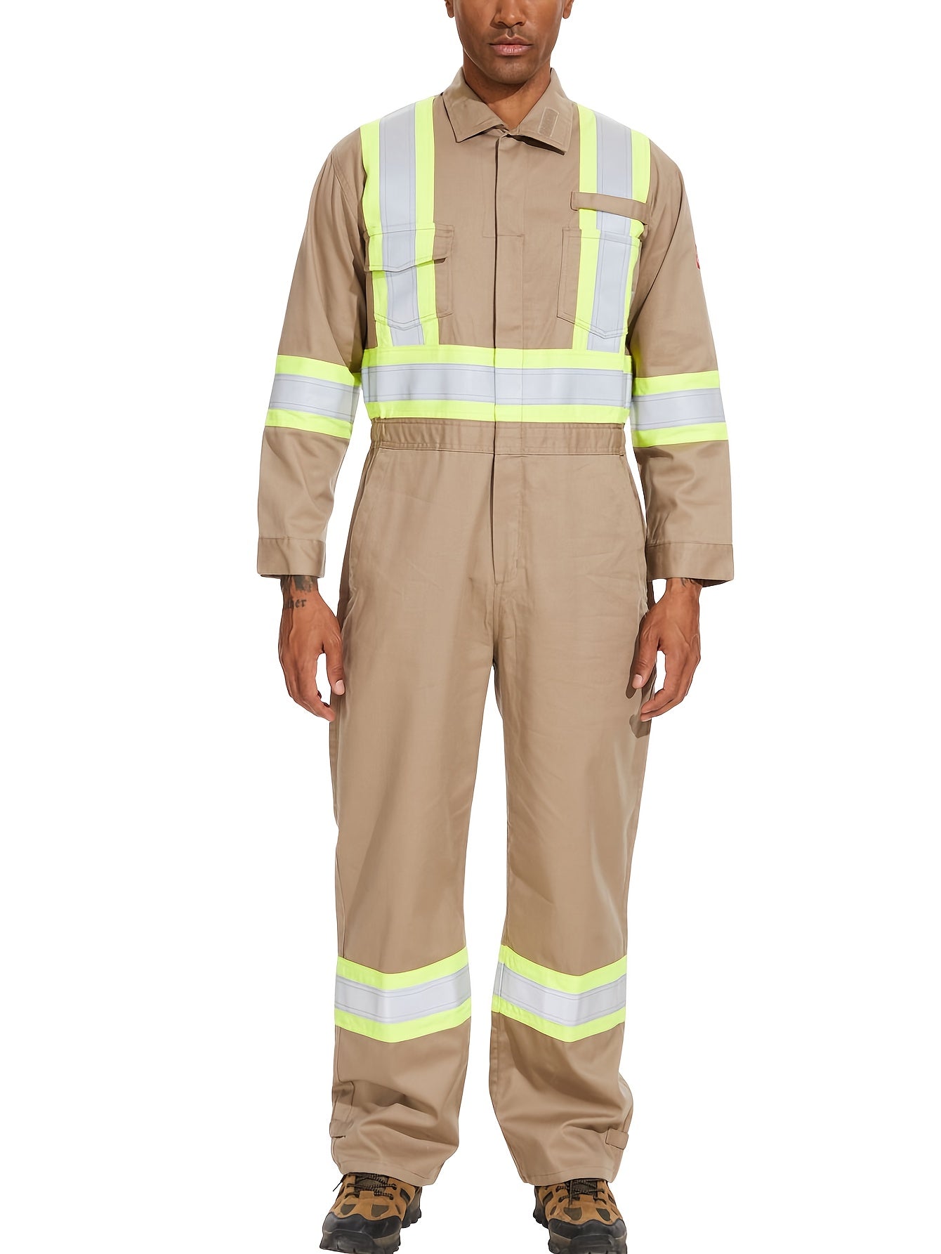 Men's All-Season Cotton Coverall with Reflective Stripes - Durable Woven Fabric, Long Sleeve, Machine Washable