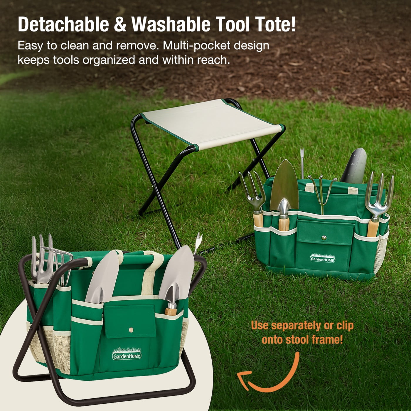 GardenHOME 7-piece gardening tool kit with foldable stool and storage bag, including trowel, pruners, and cultivator, for all gardening needs