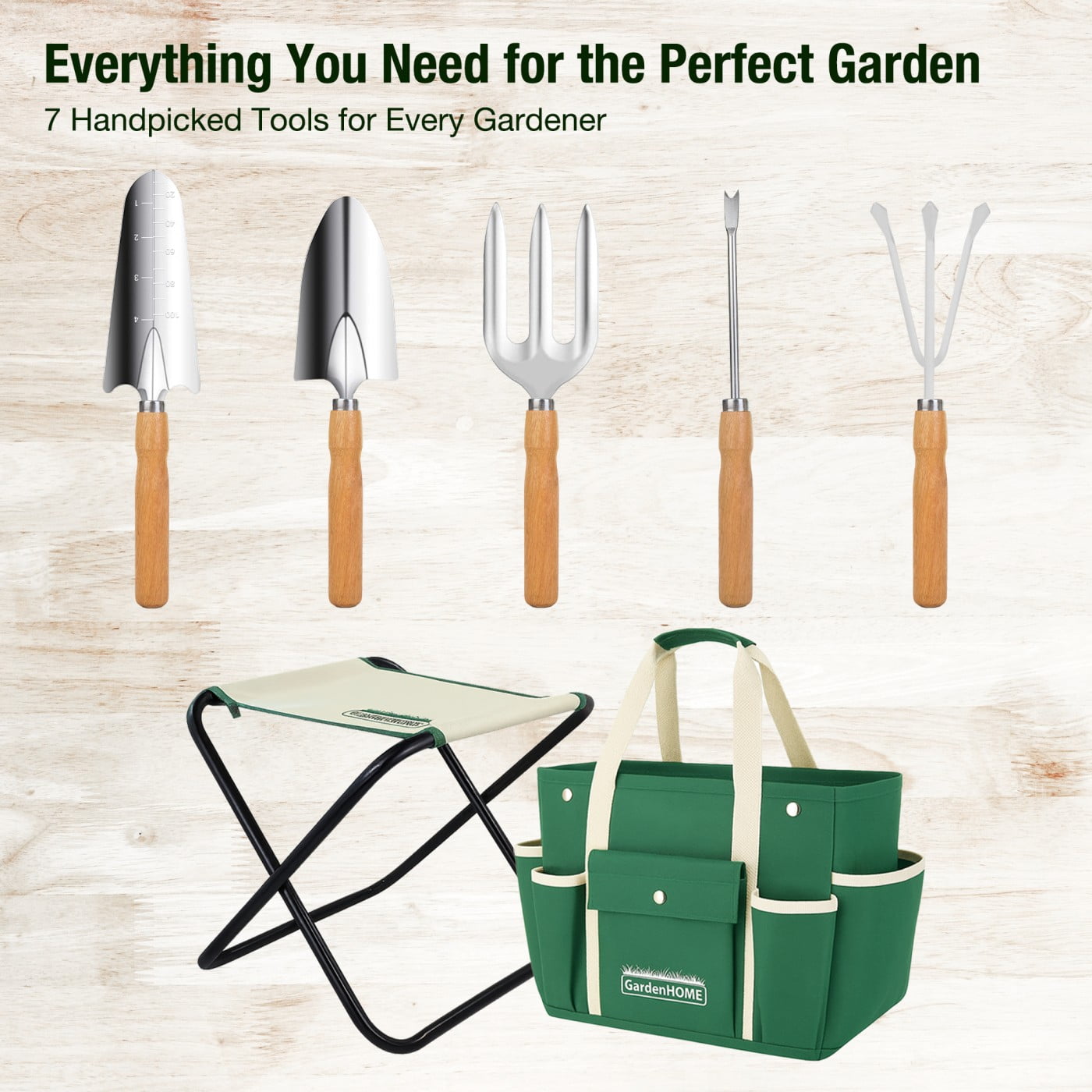 GardenHOME 7-piece gardening tool kit with bag and foldable stool, including trowel, pruners, and gloves for outdoor gardening.