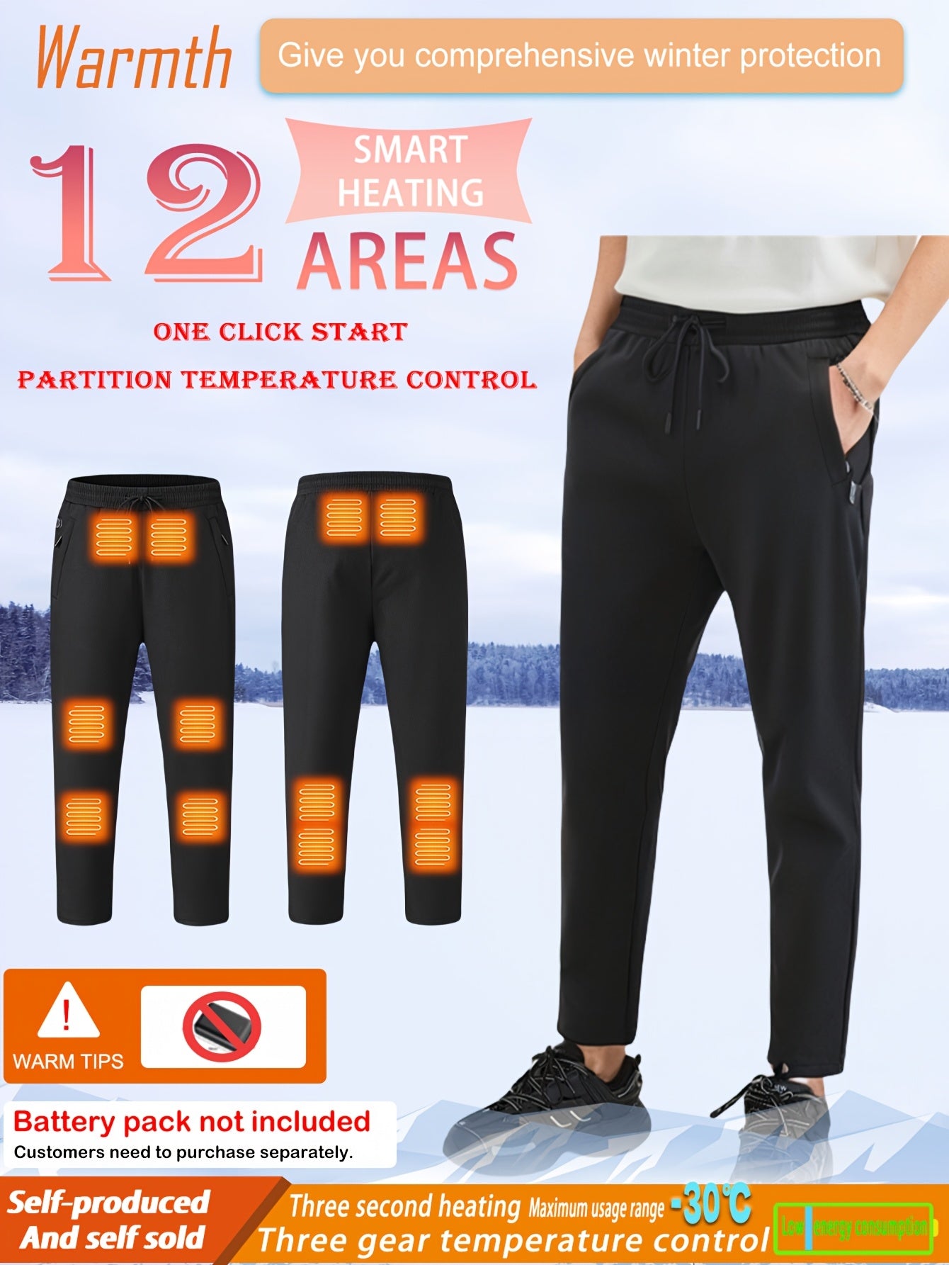 Men'S And Women'S Winter Outdoor Electric Heated Pants (Battery Not Included) - Non-Stretch Sports Pants, Featuring 12 Heating Zones, Adjustable Temperature, Drawstring - Suitable for Outdoor Skiing, Fishing, And Camping