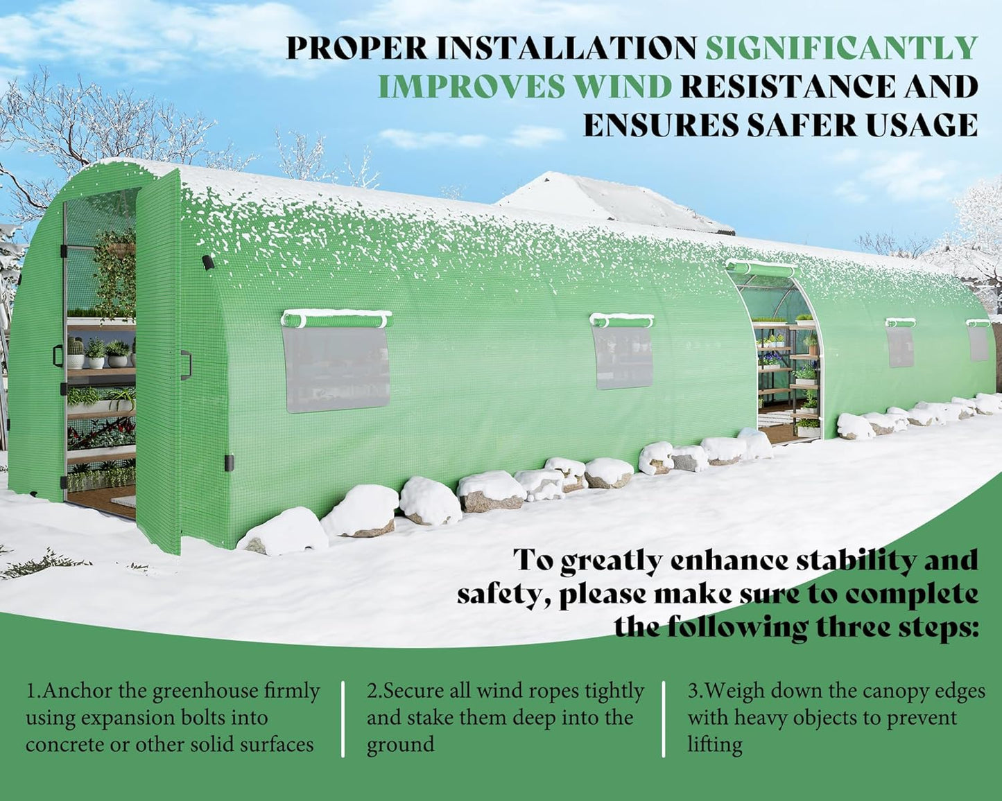 AMERLIFE 44x10x7.5 ft tunnel greenhouse with galvanized steel frame, green PE cover, swing door, and film clips for outdoor gardening