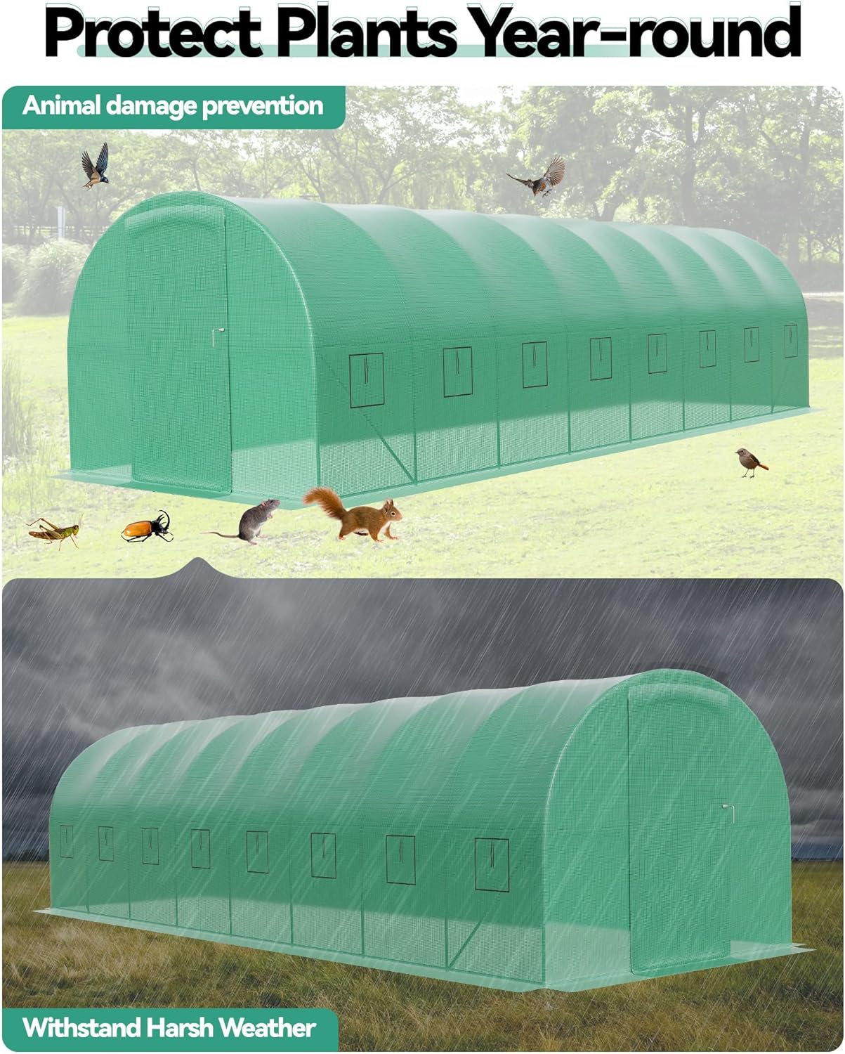 Greenhouse wall panel with green fabric, mesh windows, and reinforced galvanized steel frame for outdoor garden or tunnel garden.