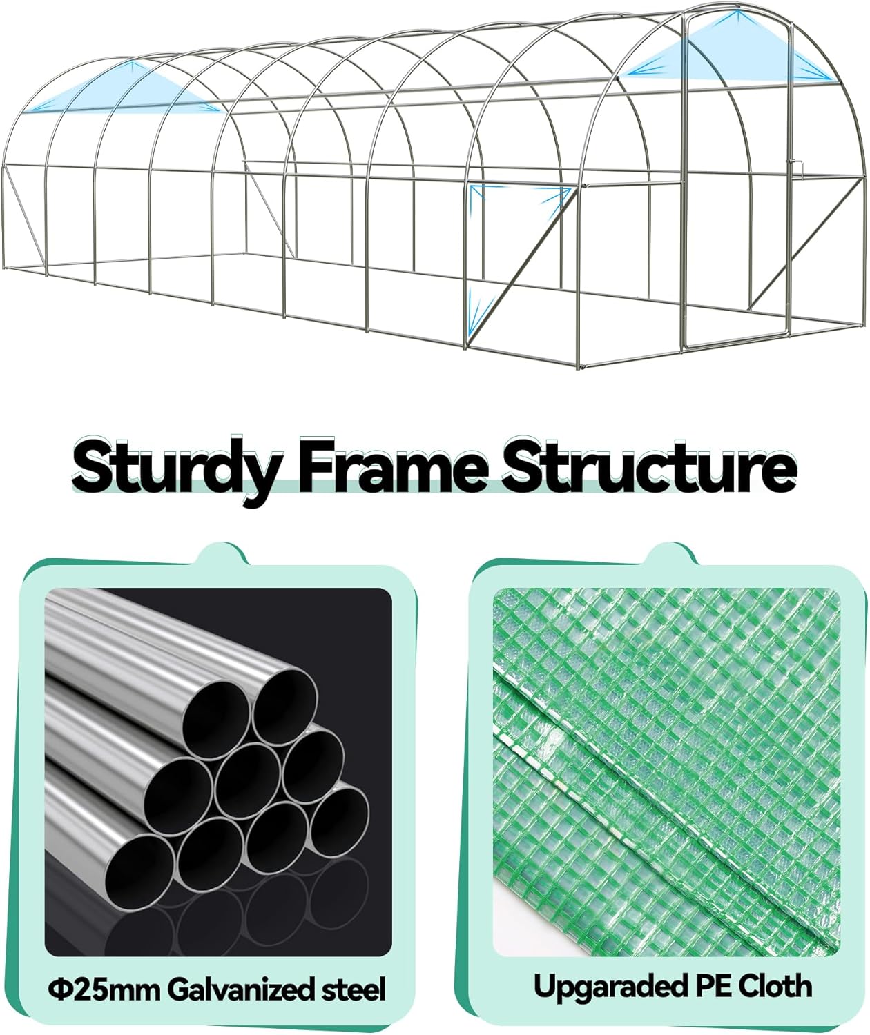 Large green outdoor greenhouse wall with reinforced galvanized steel frame, mesh windows, swing door, and durable PE cover.