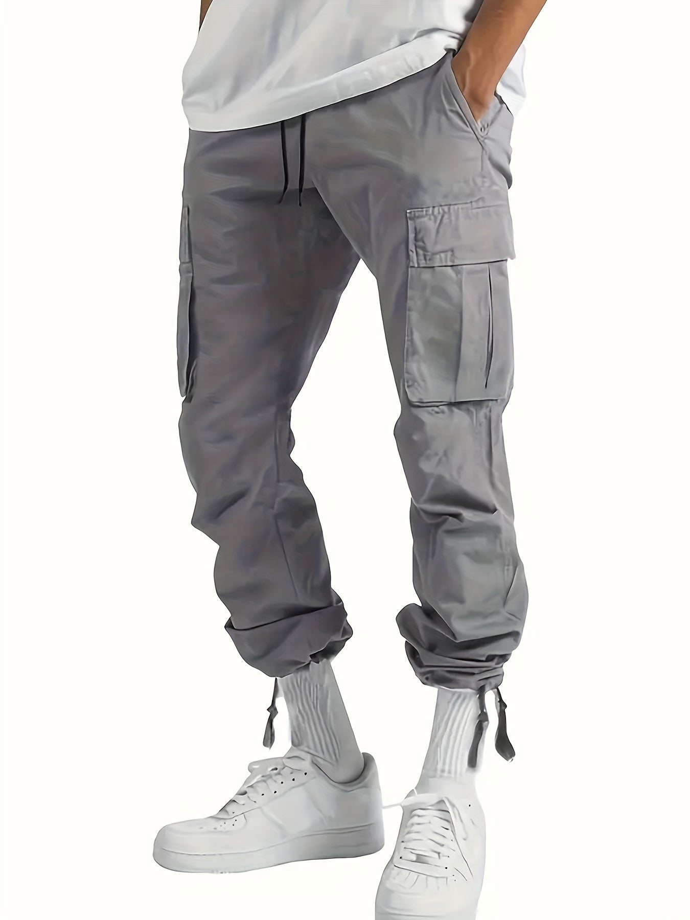 4pcs Men's Solid Color Loose Fit Cargo Pants with Multiple Pockets