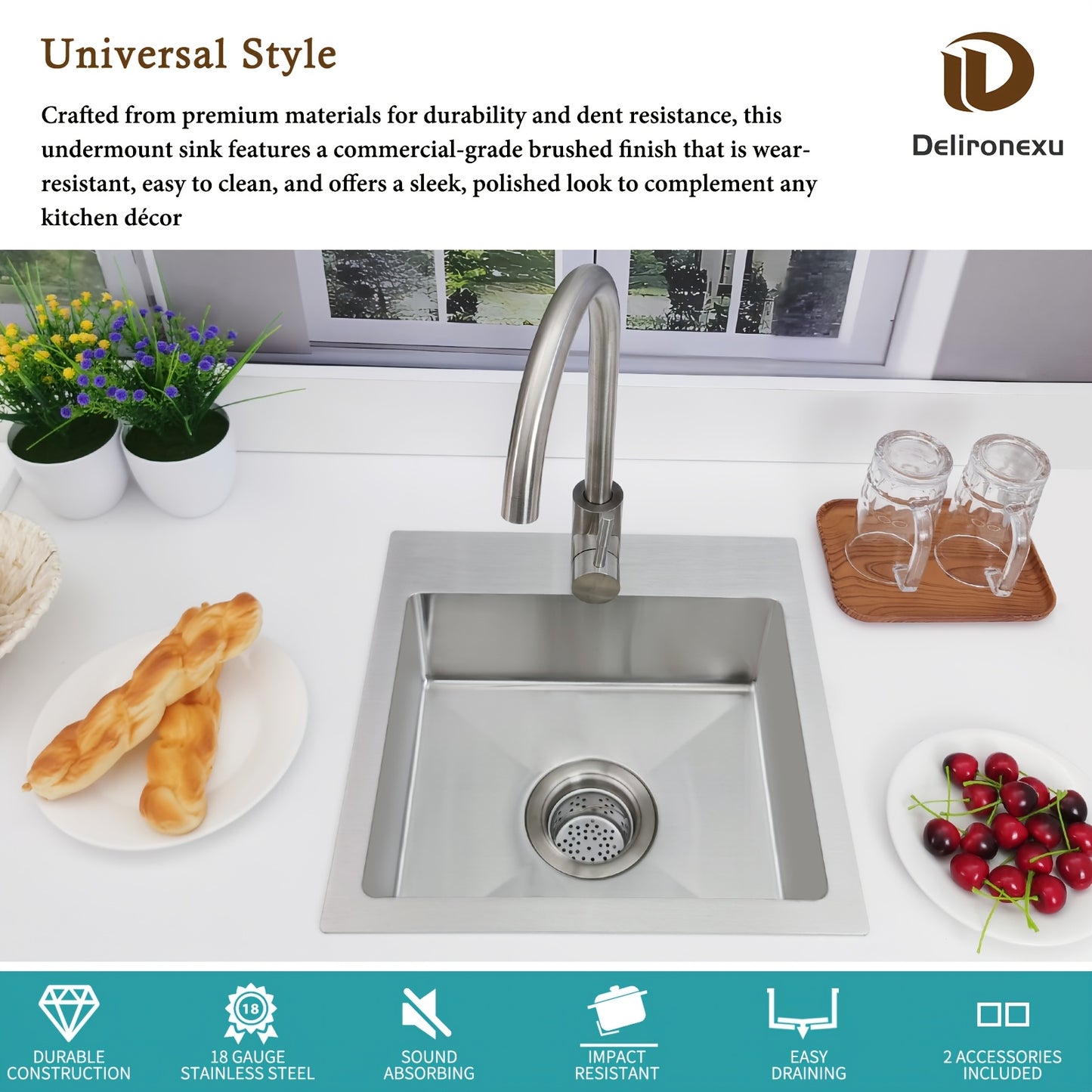 15" Modern Stainless Steel Bar Sink, 18 Gauge Single Bowl Square Kitchen Sink with Brushed Finish