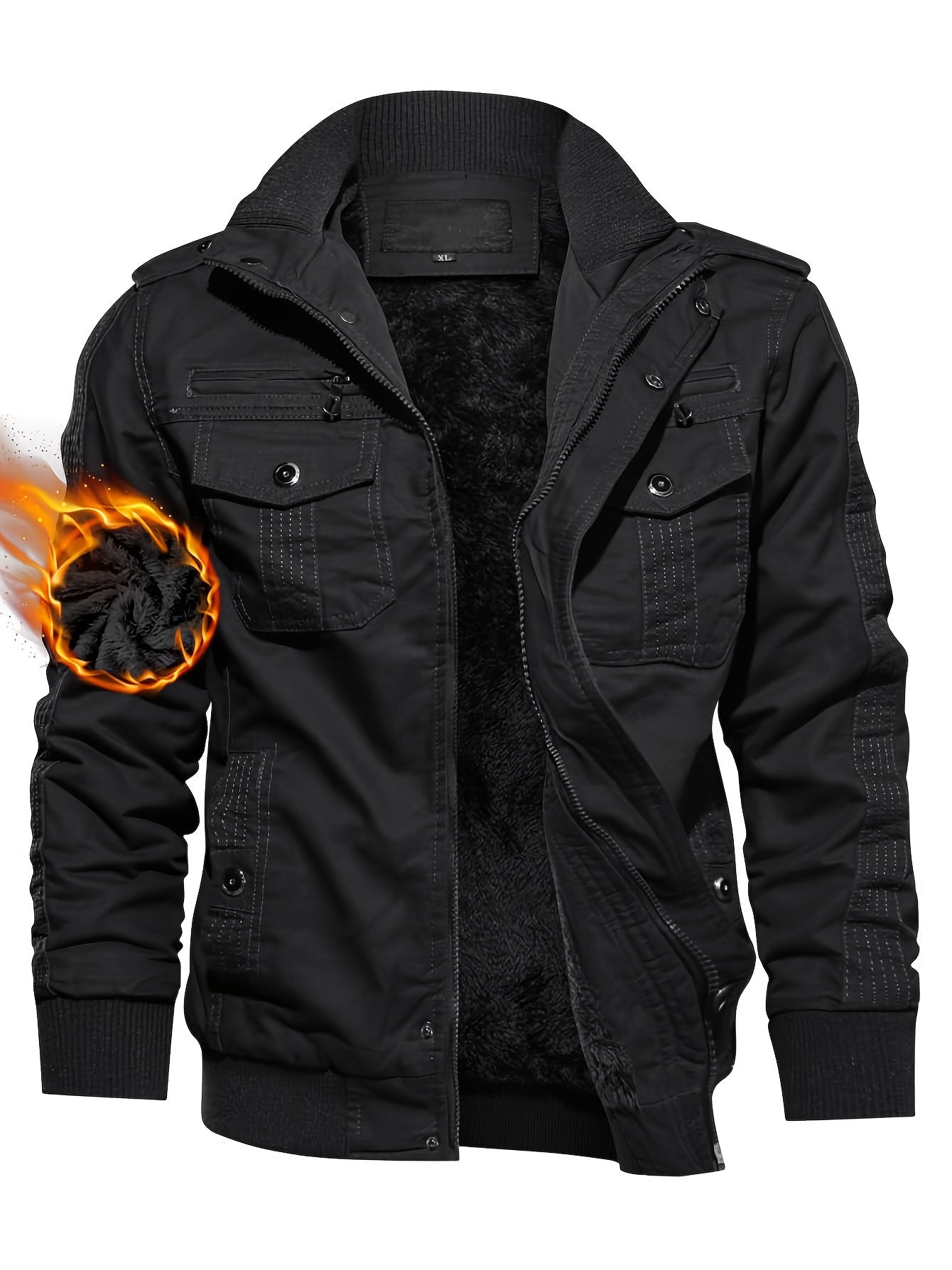 Men's Winter Casual Jacket With Hooded Fleece Lined Multi-pockets Knitted Ribbed Cuffs Hem Windproof