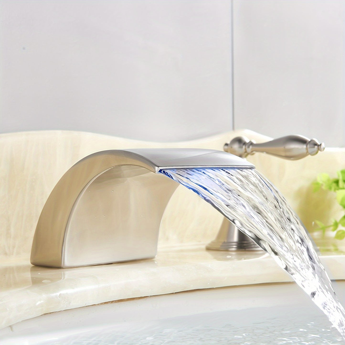 Waterfall Widespread Bathroom Sink Basin Faucet, 3 Hole 2 Handle With LED 8" Widespread LED Bathroom Sink Basin Fauce