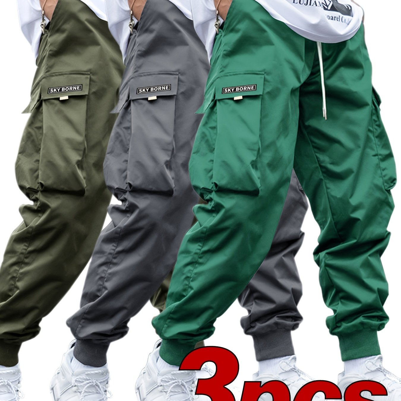 Men's Casual Letter Pattern Cargo Pants Set of 3, Mid-Rise Woven Fabric Trousers with Drawstring Waist, Belt Loops