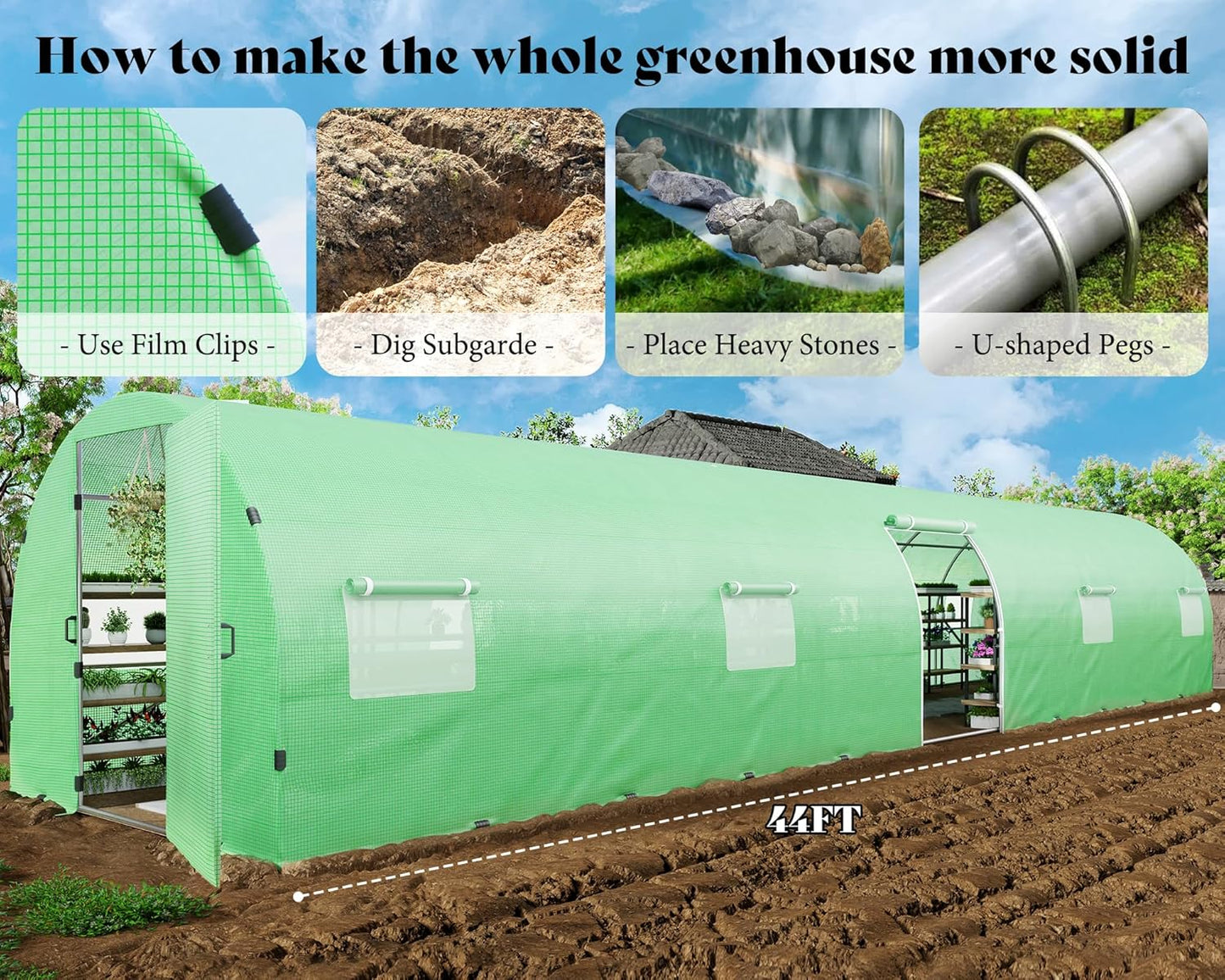 Large outdoor AMERLIFE green greenhouse with galvanized steel frame, green PE cover, swing door, and film clips for easy access.