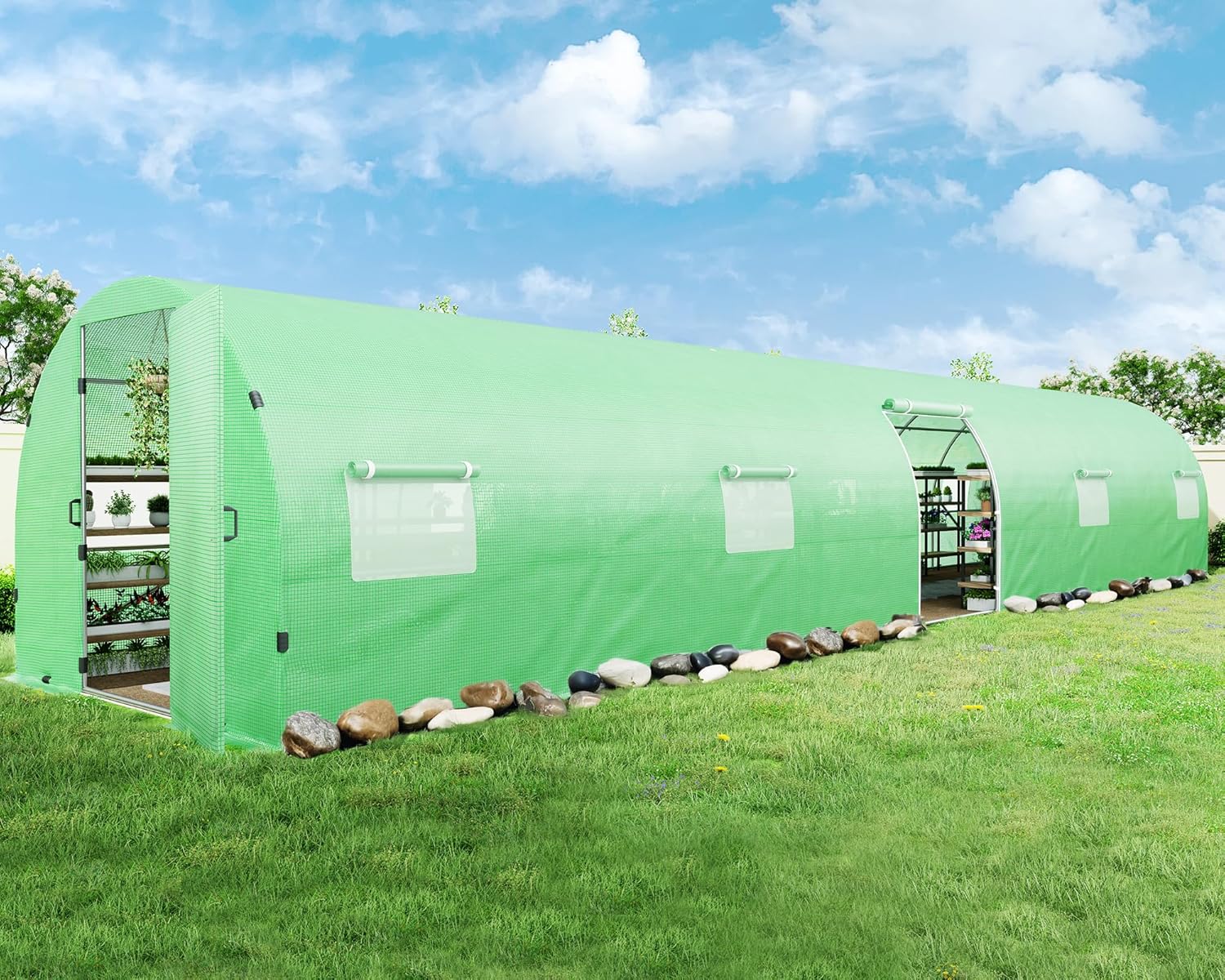 Large green AMERLIFE outdoor tunnel greenhouse with galvanized steel frame, PE cover, swing door, and film clips.