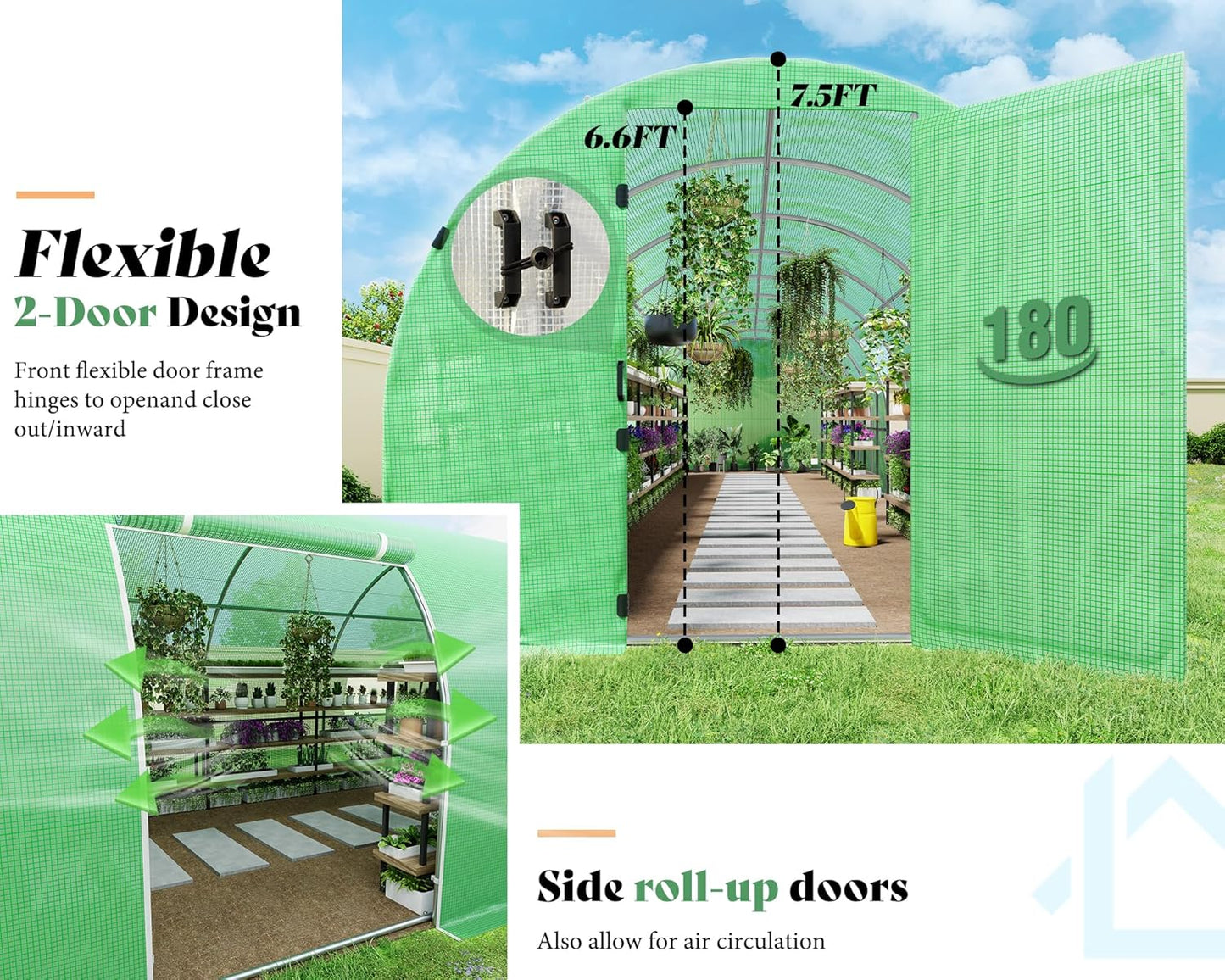 Large outdoor AMERLIFE tunnel greenhouse with galvanized steel frame, green PE cover, swing door, and film clips for easy access.