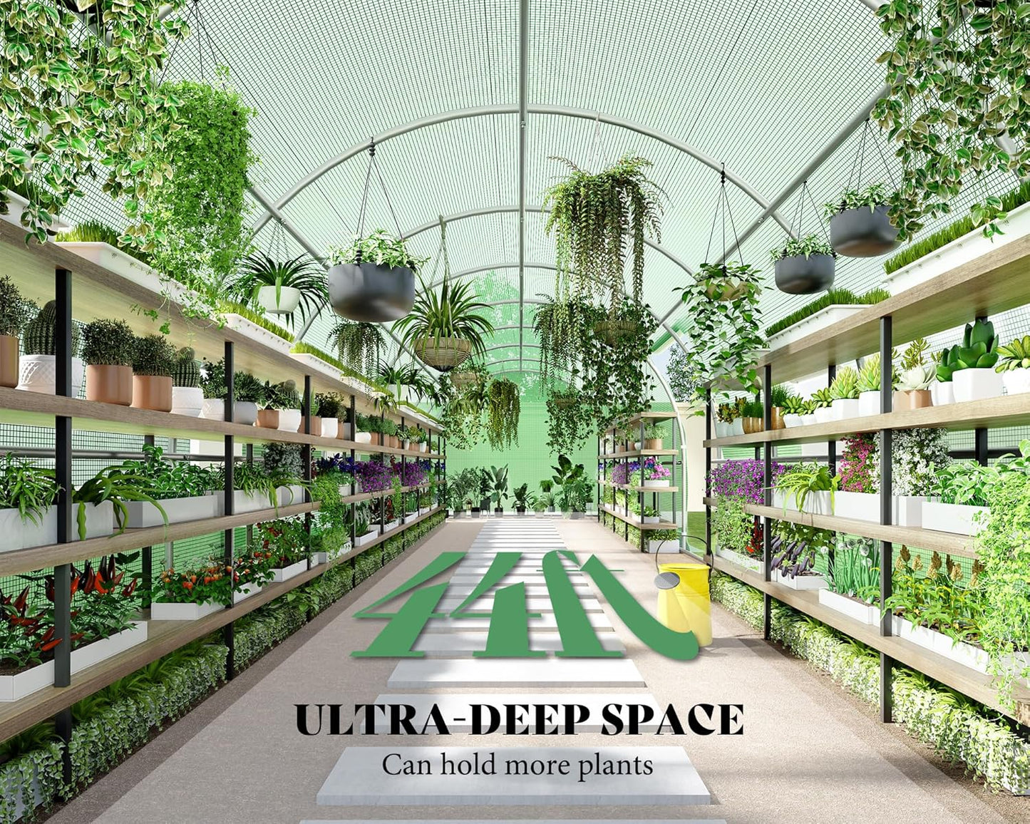 Large outdoor AMERLIFE tunnel greenhouse, green with galvanized steel frame, premium PE cover, swing door, and film clips.