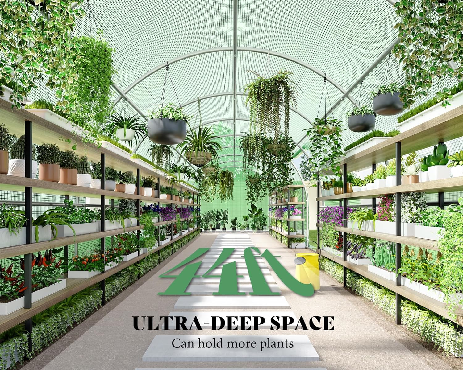 Large outdoor AMERLIFE tunnel greenhouse, green with galvanized steel frame, premium PE cover, swing door, and film clips.