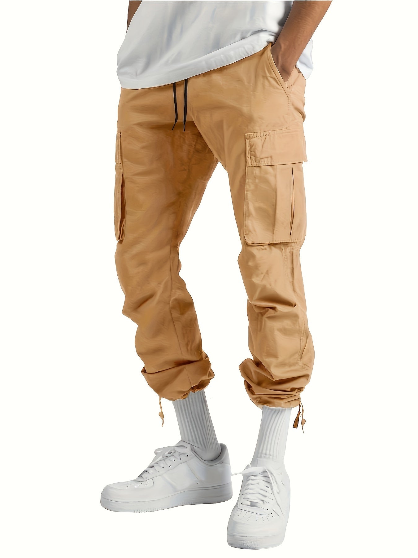 4pcs Men's Solid Color Loose Fit Cargo Pants with Multiple Pockets