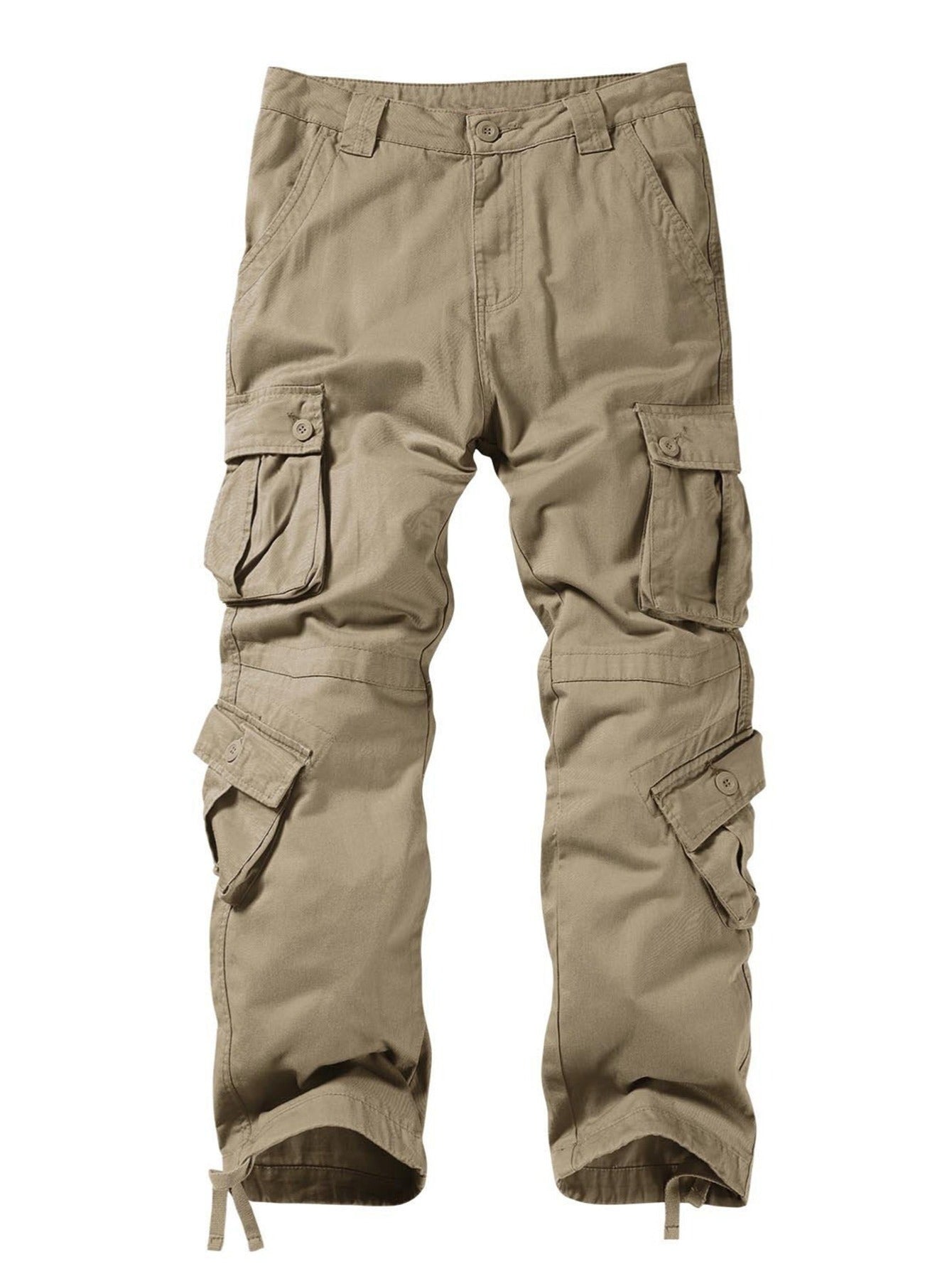 Cotton British Khaki Multi Flap Pockets Men's Straight Leg Cargo Pants