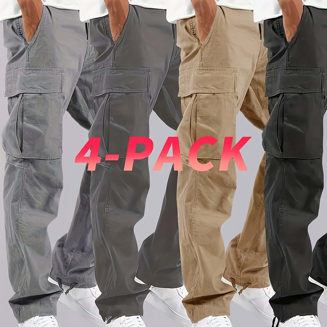 4pcs Men's Solid Color Loose Fit Cargo Pants with Multiple Pockets