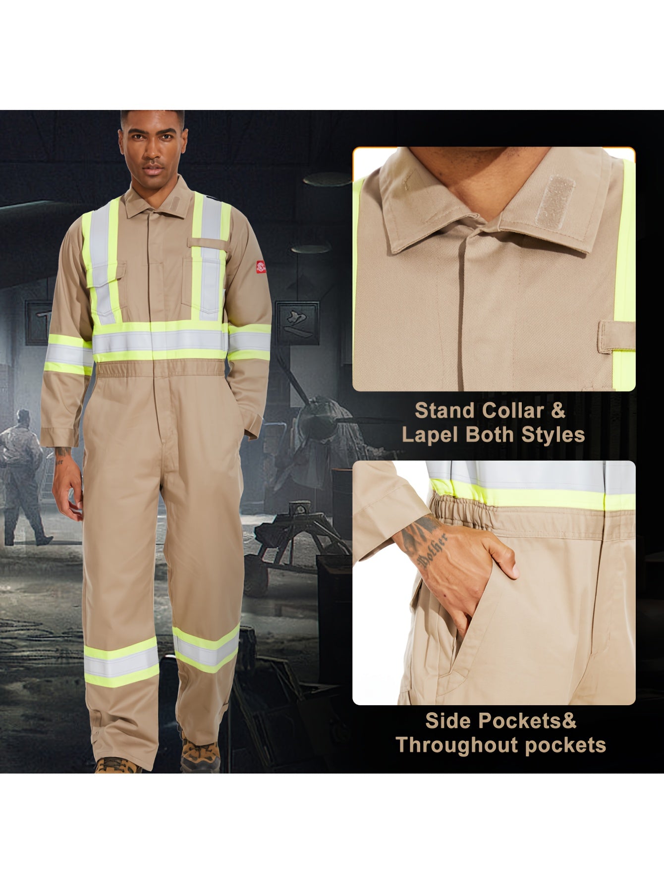 Men's All-Season Cotton Coverall with Reflective Stripes - Durable Woven Fabric, Long Sleeve, Machine Washable