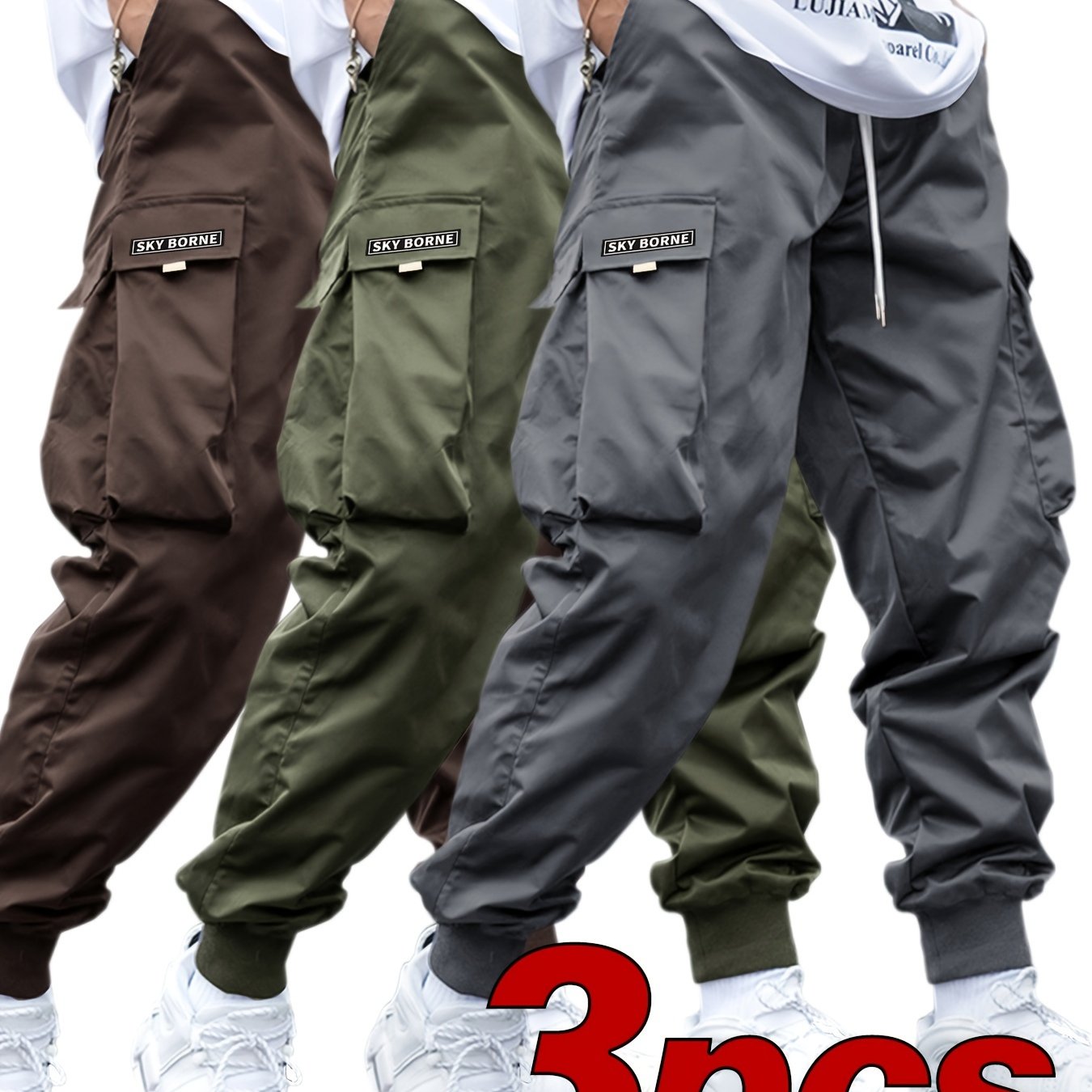 Men's Casual Letter Pattern Cargo Pants Set of 3, Mid-Rise Woven Fabric Trousers with Drawstring Waist, Belt Loops