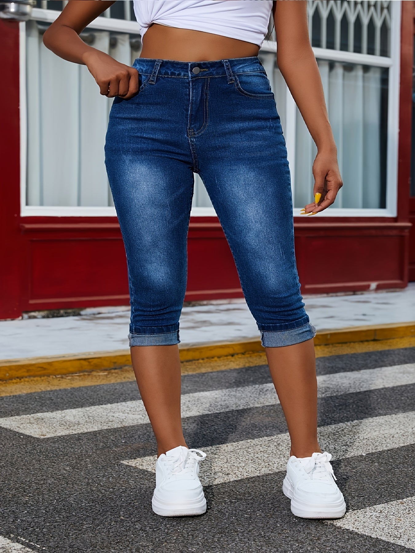 [Stretchy Comfortable Jeans] Plus Size High-Elasticity Capri Jeans - , Mid-Calf Length, Slash Pockets, Zip Closure