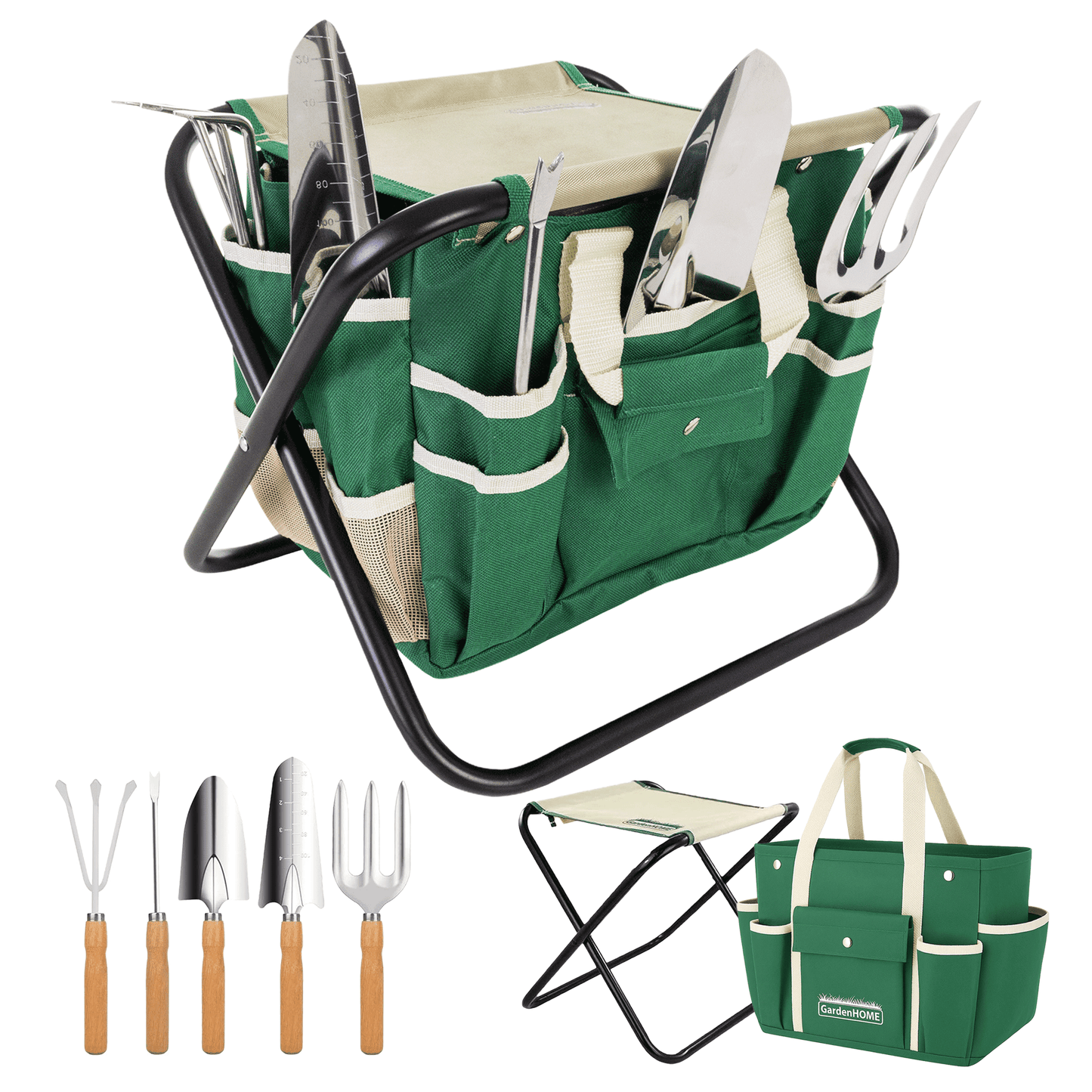 GardenHOME 7-piece gardening tool kit with bag and foldable stool, including trowel, pruners, and gloves for all gardening needs.