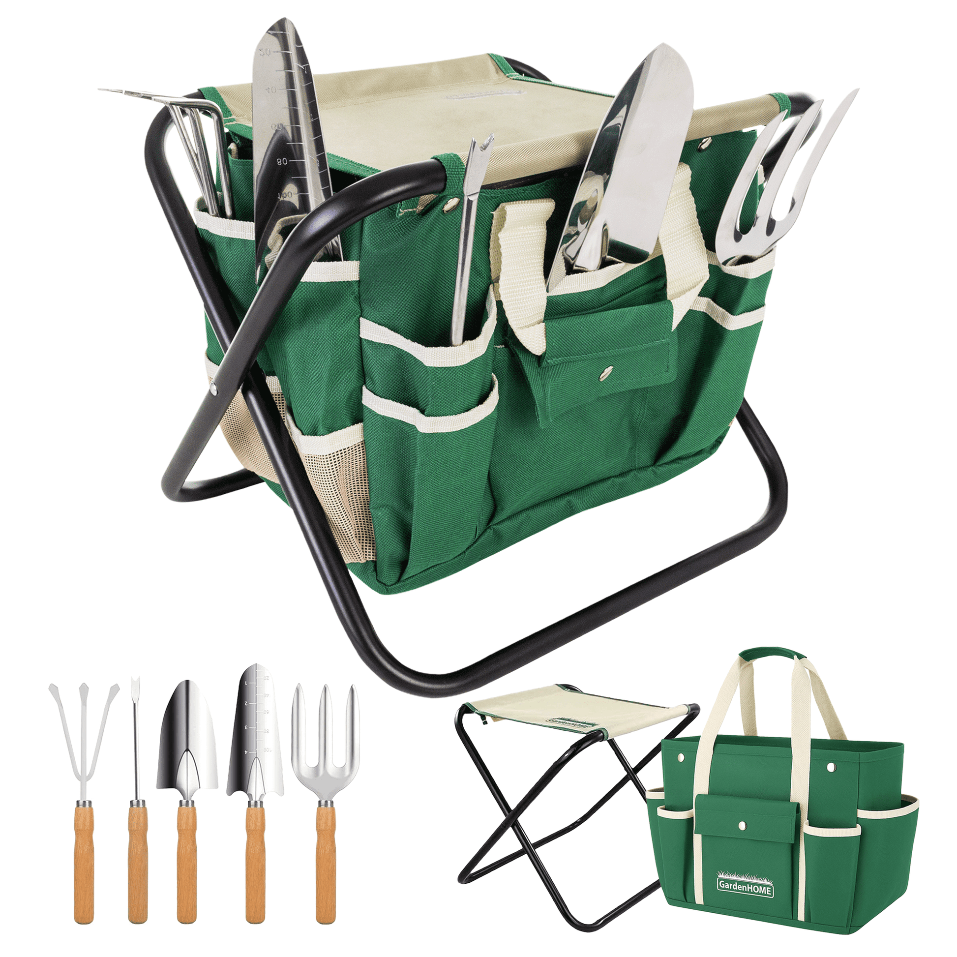 GardenHOME 7-piece gardening tool kit with bag and foldable stool, including trowel, pruners, and gloves for all gardening needs.