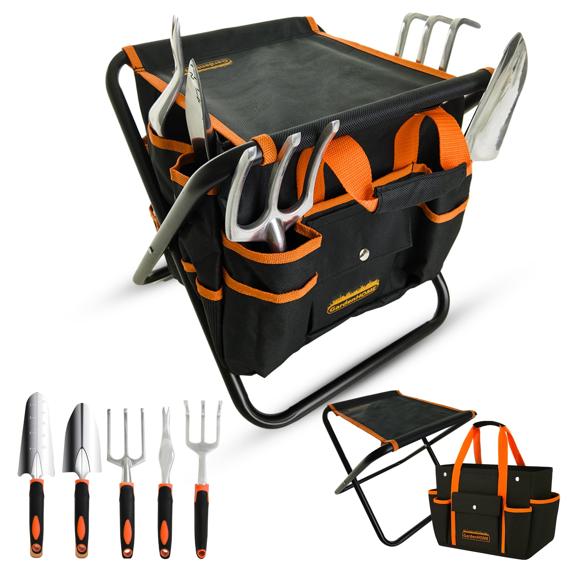 GardenHOME 7-piece gardening tool kit with stainless steel tools, orange handles, carrying bag, and foldable stool for gardening.