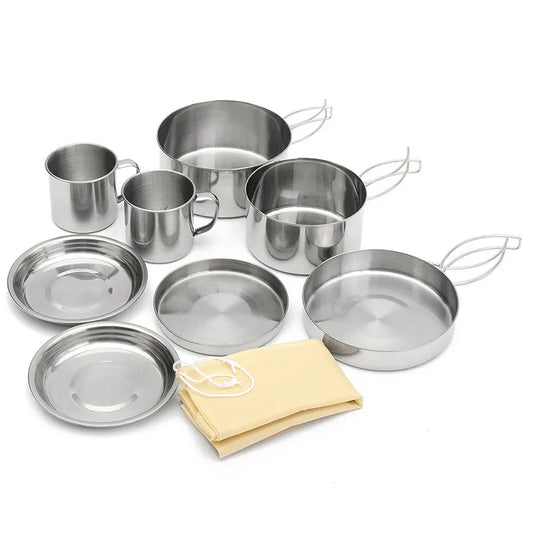 8Pcs/Set Outdoor Camping Stainless Steel Bowl Folding Pots and Pan