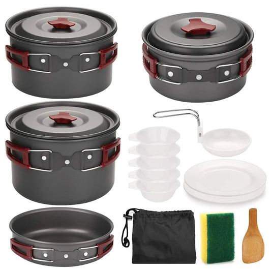 Alpine Outdoor Supplies lightweight camping cookware set with non-stick pans and pots, ideal for hiking, trekking, and picnics.