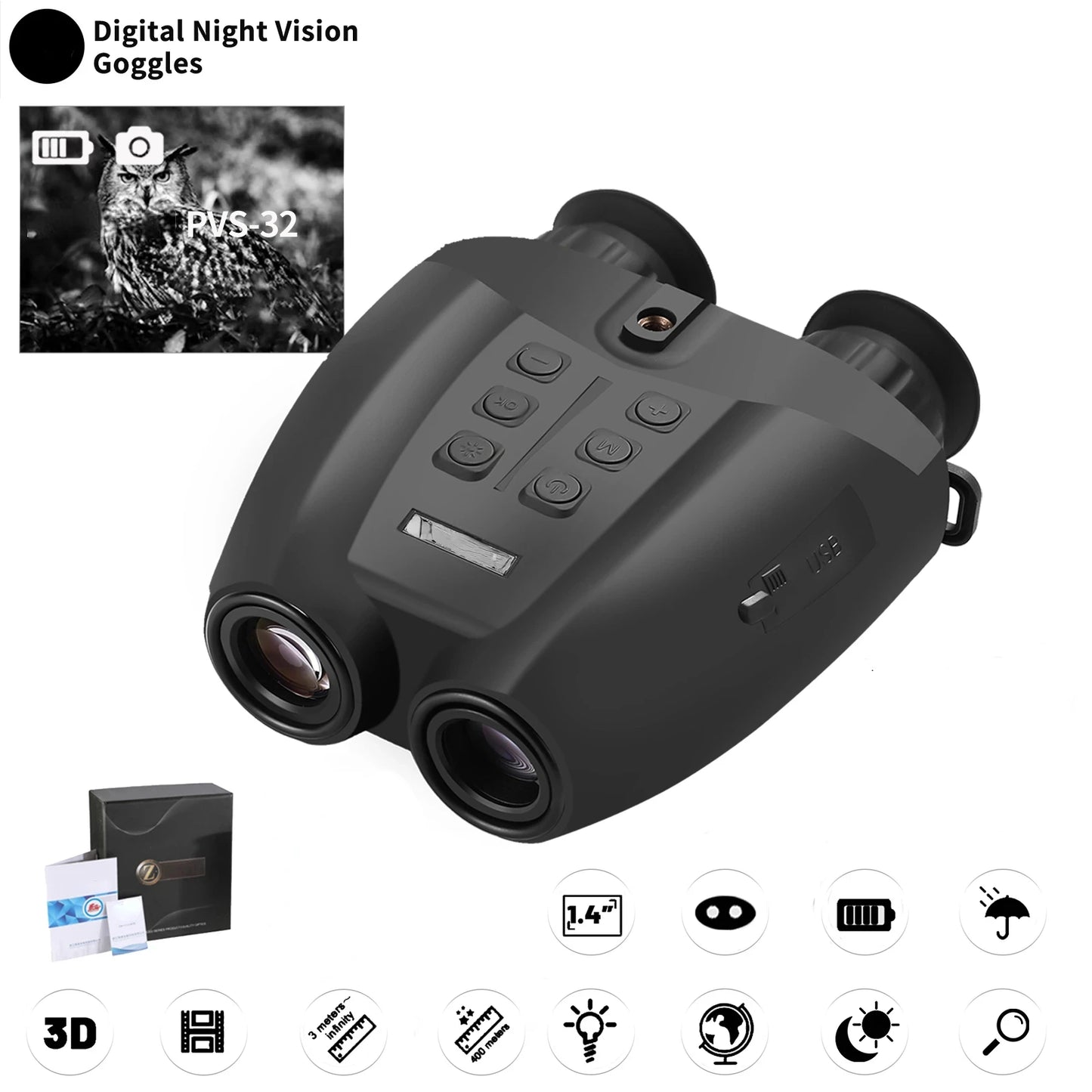 1080P Video Camera 8X Zoom NVG Mount Head Mounted Infrared Night Binoculars