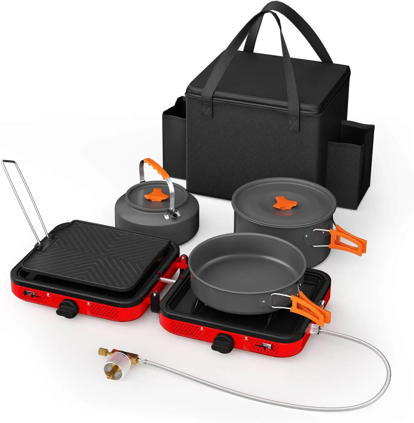 2 Burner Camping Stove Set with Cookware, 20,000 BTU/h