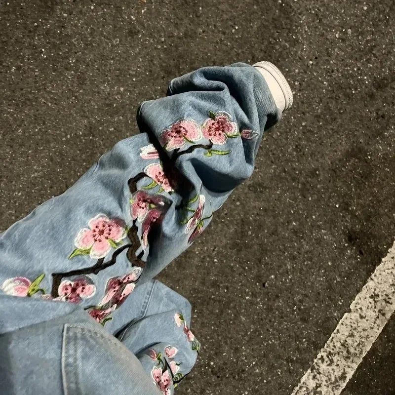 jeans Harajuku cherry blossom embroidery baggy jeans