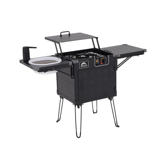 Alpine Outdoor Supplies camping cooking set with portable stove, cookware, and folding table for outdoor camping and hiking adventures.