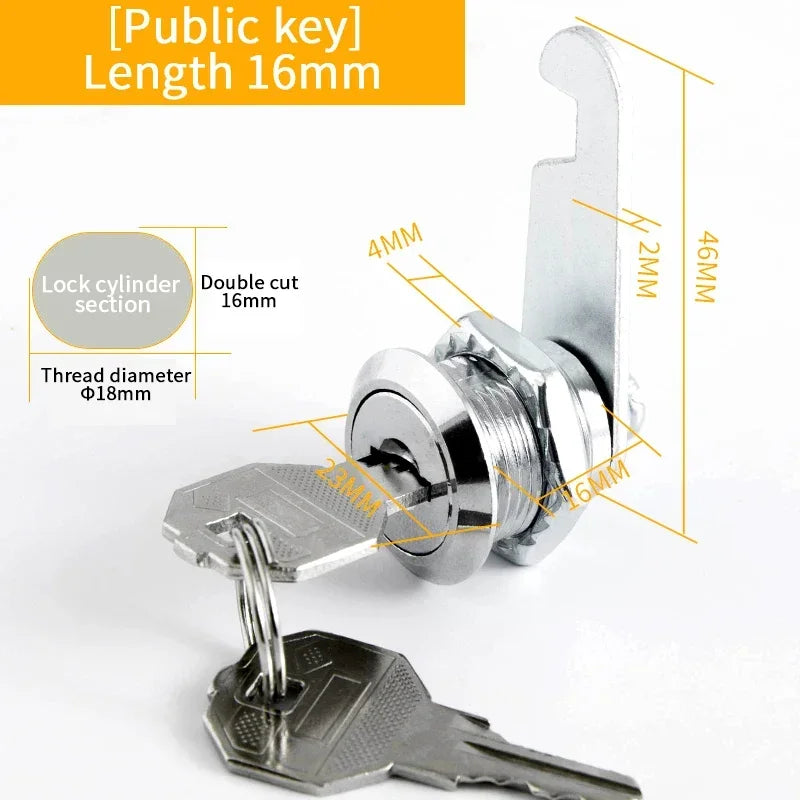 Alpine Outdoor Supplies metal cylinder cam lock with keys, suitable for cabinets, mailboxes, and drawers in various sizes.