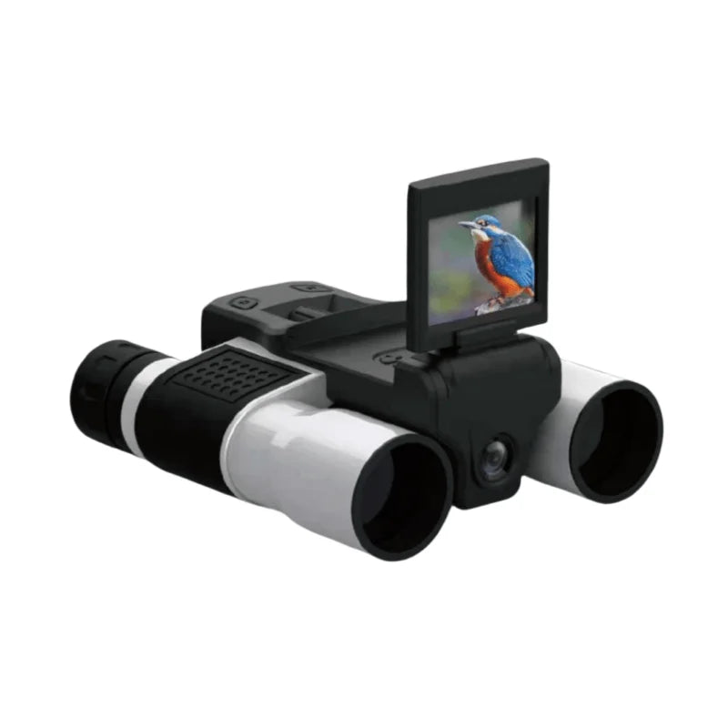 Alpine Outdoor Supplies 2-in-1 digital camera, binoculars, and microscope with 12x32 zoom and 270-degree rotating screen.