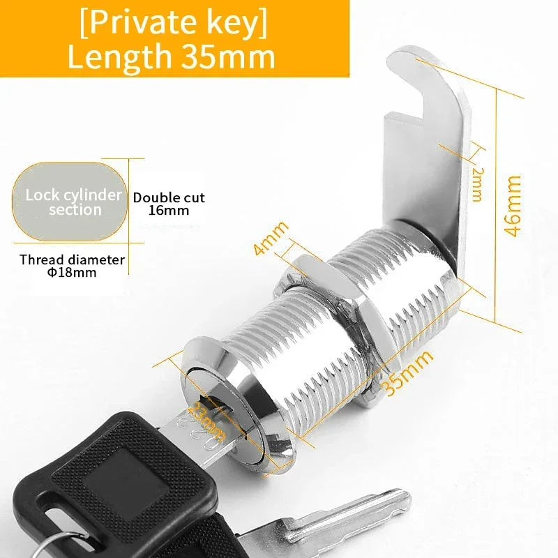Alpine Outdoor Supplies metal cylinder cam lock with keys, available in 16mm to 30mm sizes, for cabinets, lockers, or mailboxes.