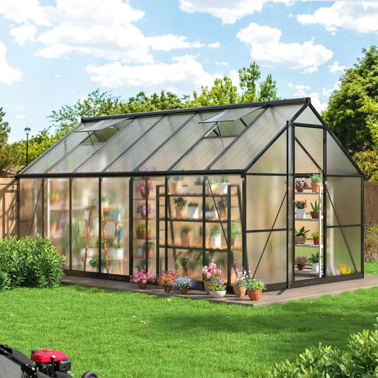 8x14 FT Greenhouse for Outdoors, Quick Setup Polycarbonate Greenhouse with Roof Vent, Aluminum Large Walk-in Greenhouse