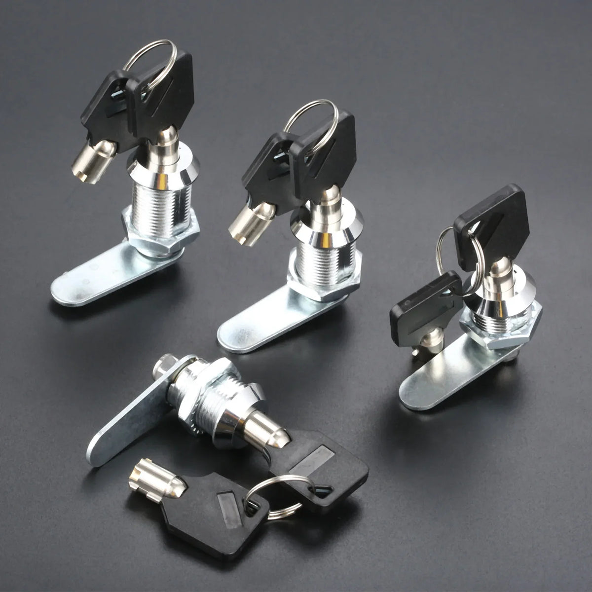 Set of Alpine Outdoor Supplies tubular cam locks with locking plates, suitable for drawers, cabinets, and mailboxes in various sizes.