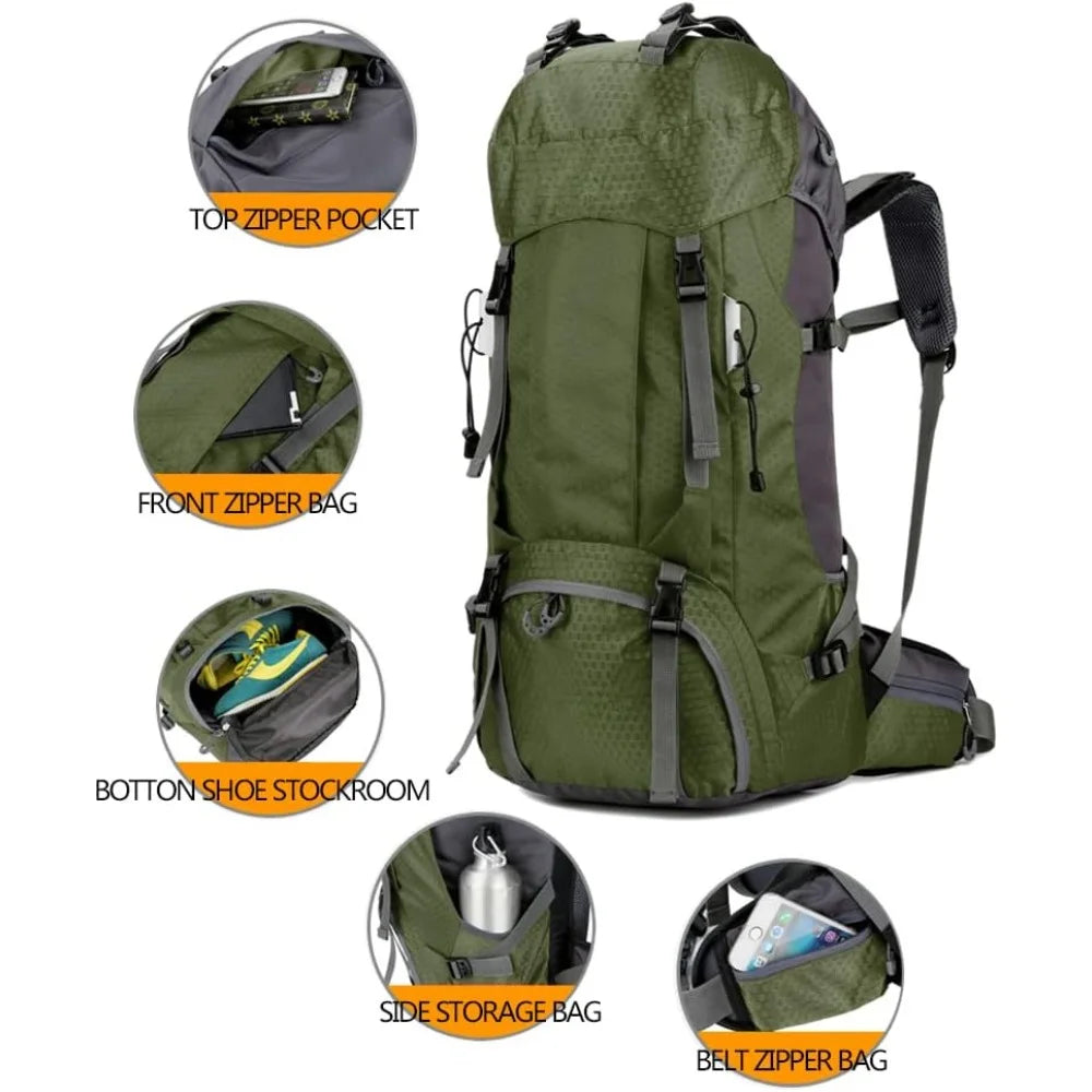 60L Waterproof Backpack with Rain Cover, Large Capacity Lightweight